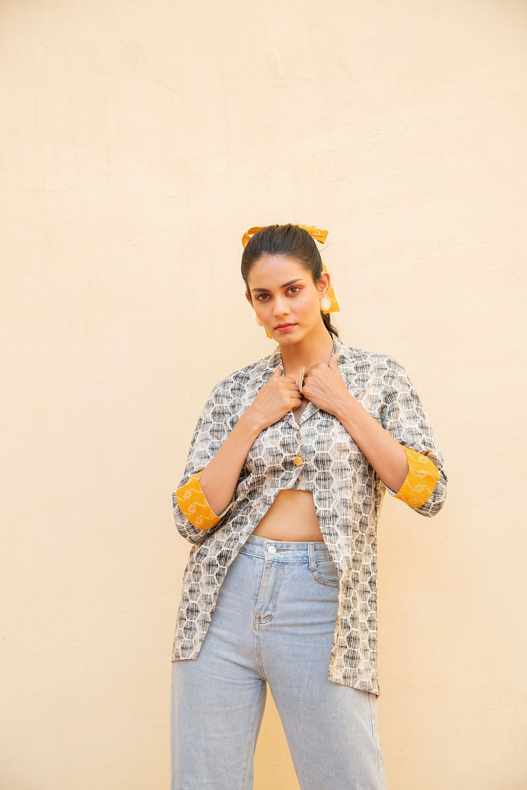 White Crop Shirt With Signal Yellow Cuff