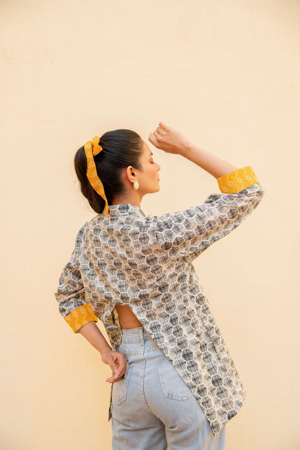 White Crop Shirt With Signal Yellow Cuff