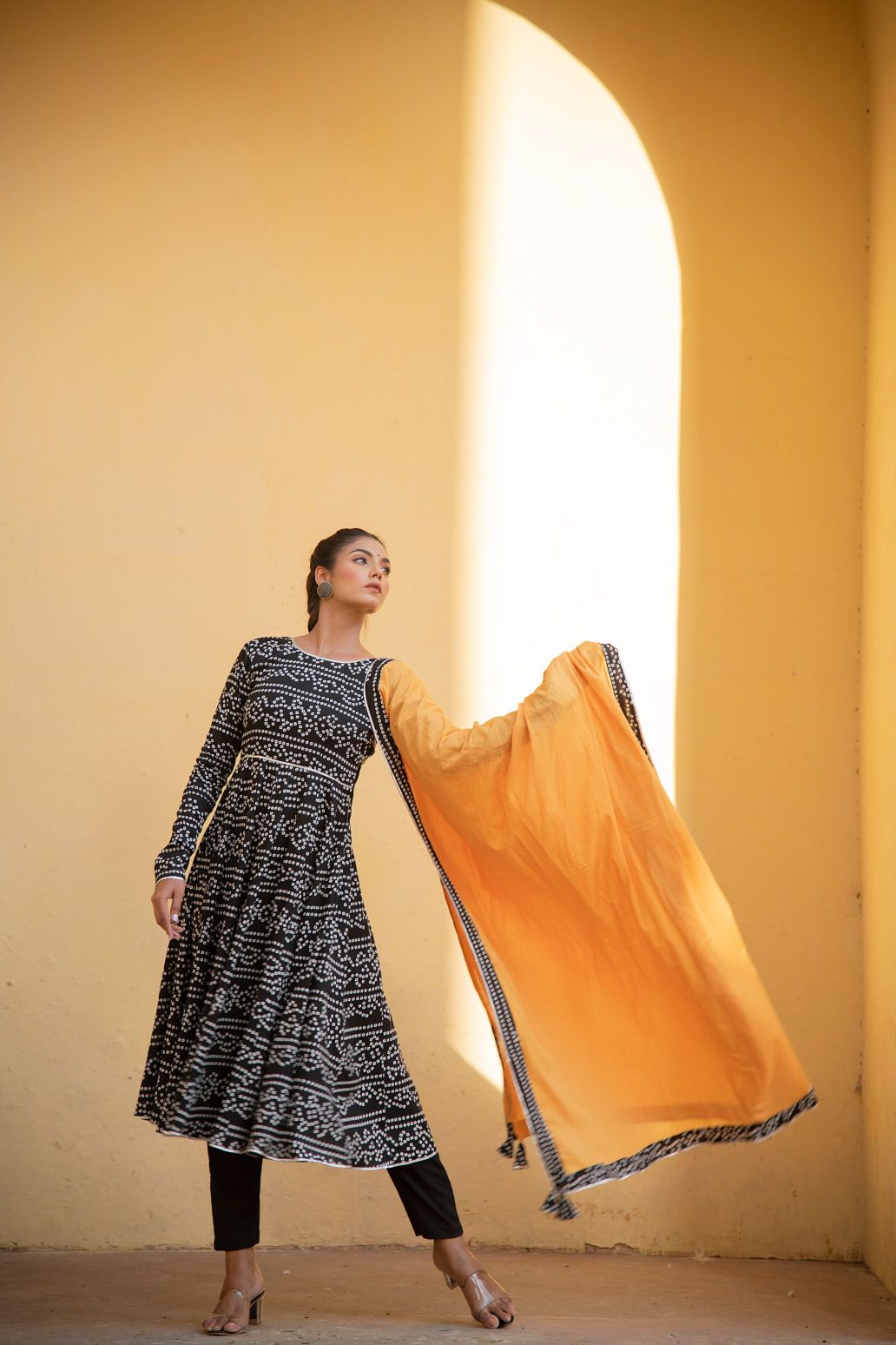 Black Bhandej Anarkali Suit Set with Mustard Dupatta