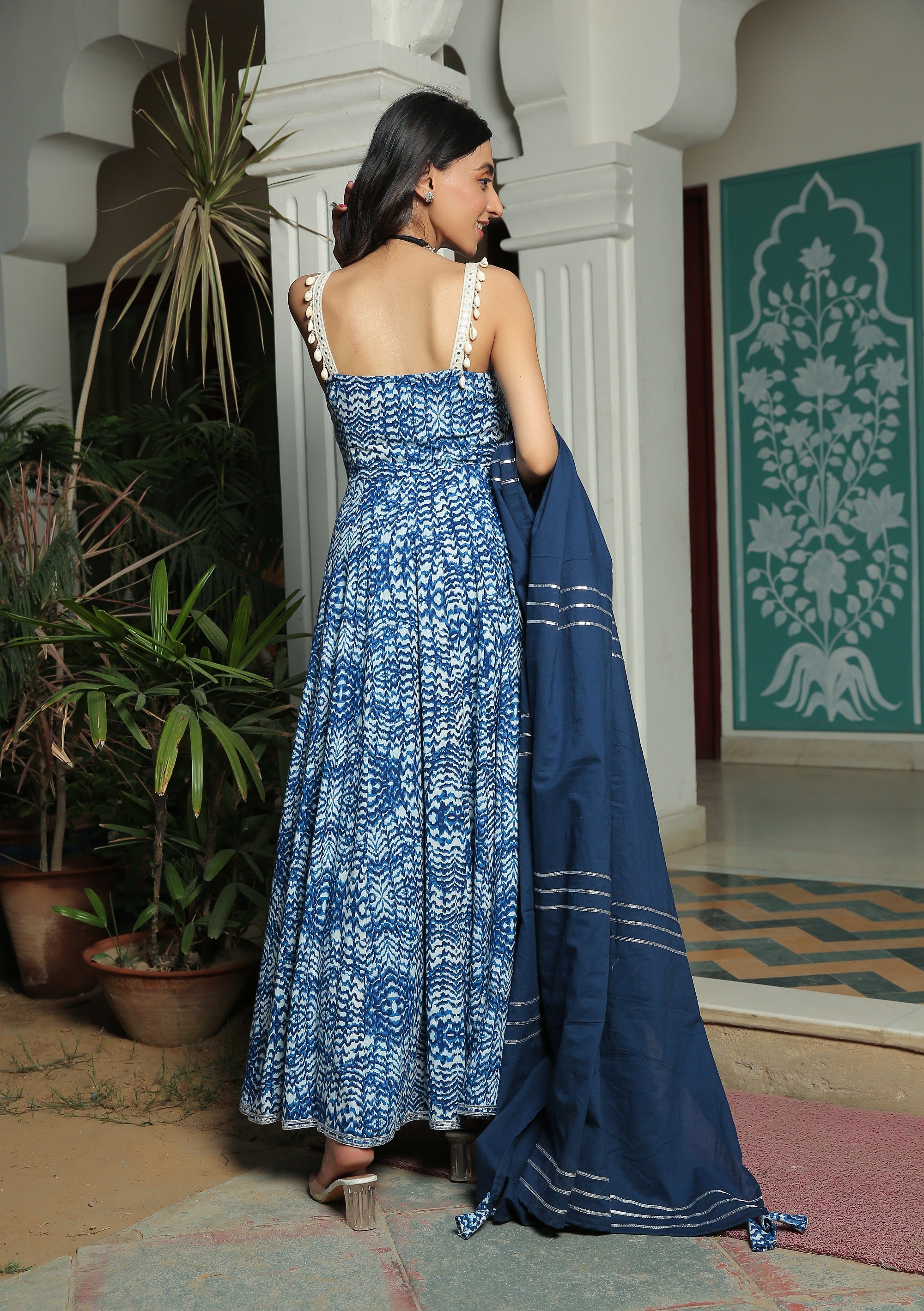 SMOCKED MEDITERRANIAN BLUE ANARKALI KURTA WITH PANT AND GOTA HIGHLIGHTED DUPATTA