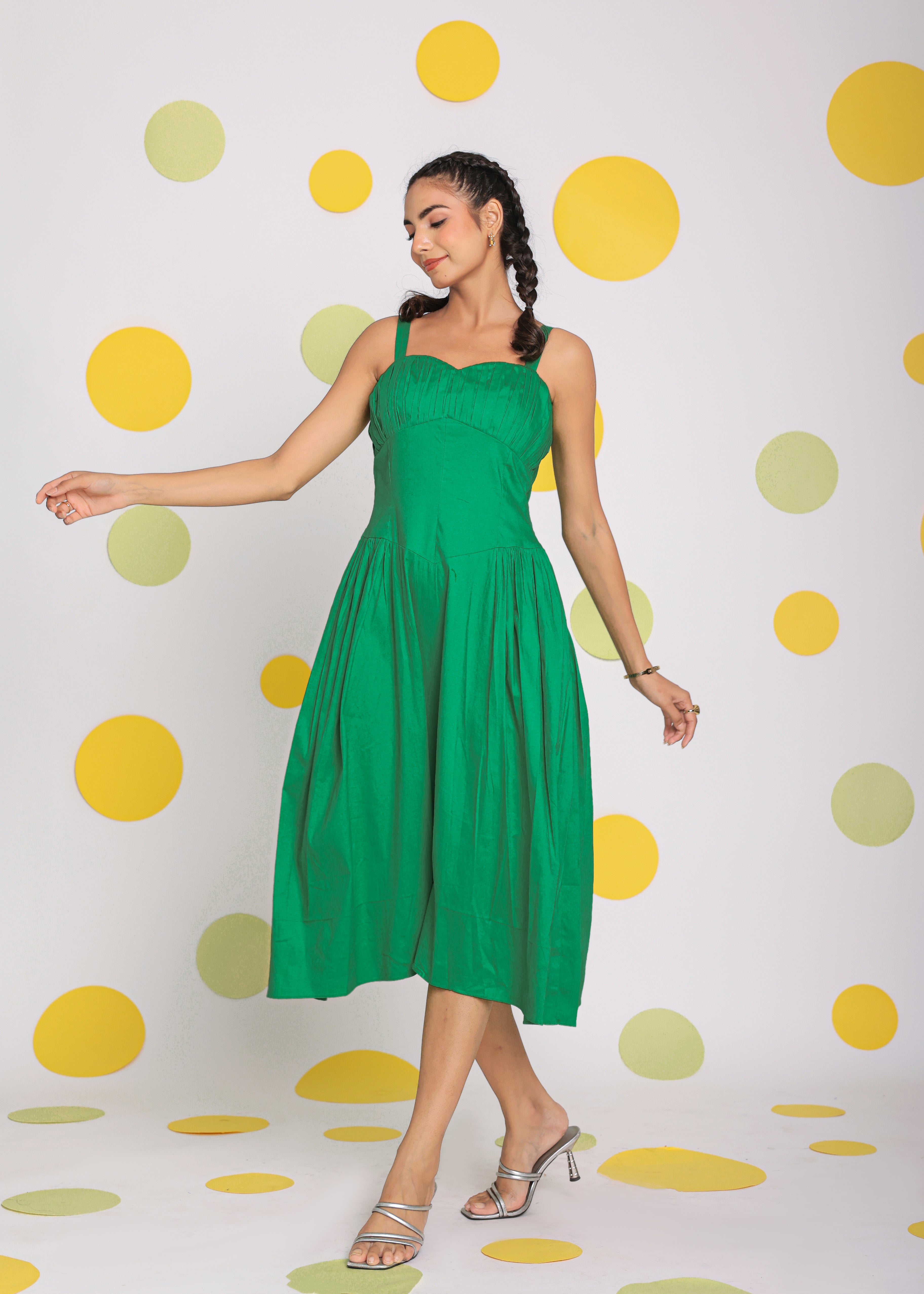 Green Corset Fitted Summer Cotton Lycra Midi Dress - Kaoribyshreya