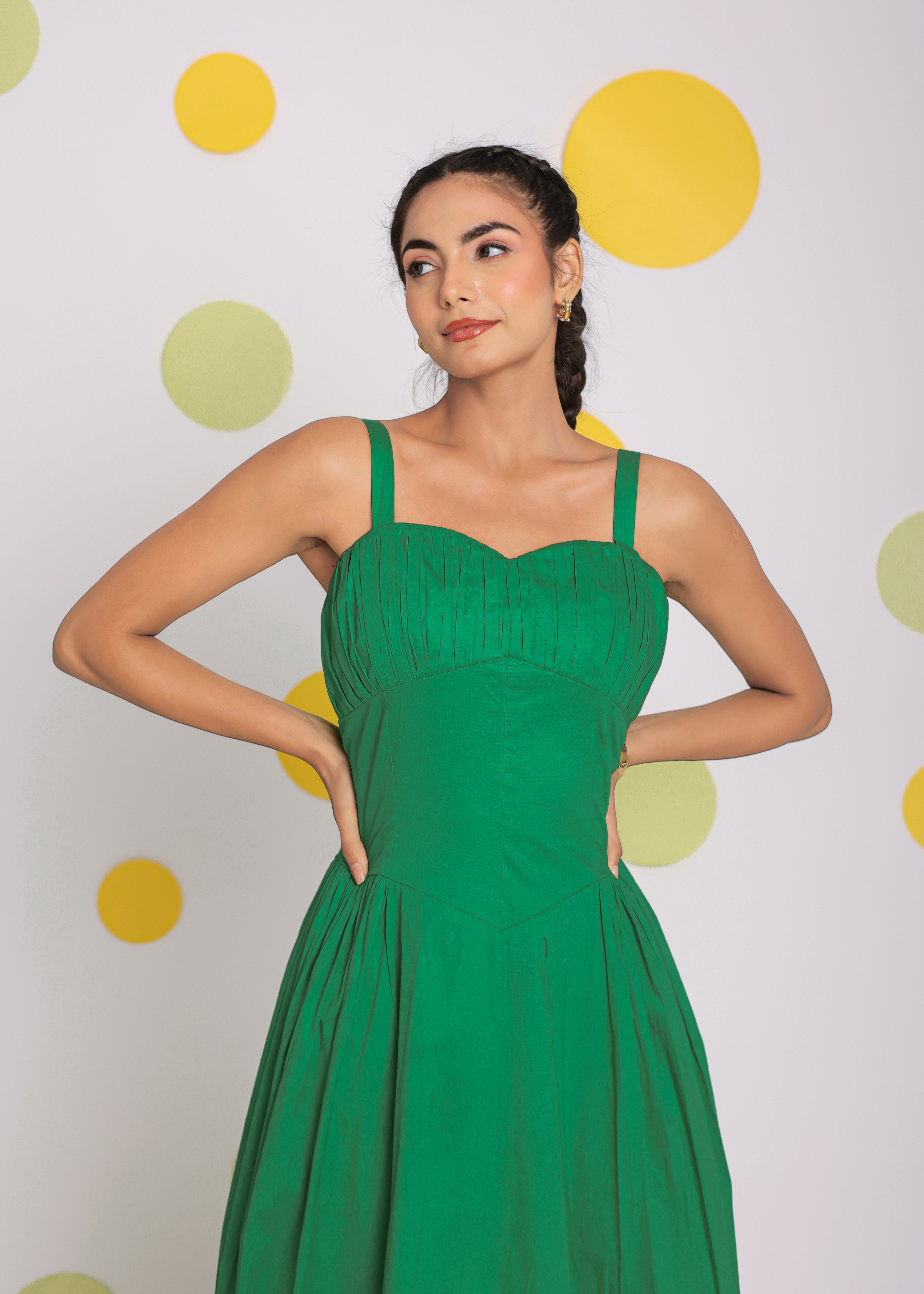 Green Corset Fitted Summer Cotton Lycra Midi Dress - Kaoribyshreya