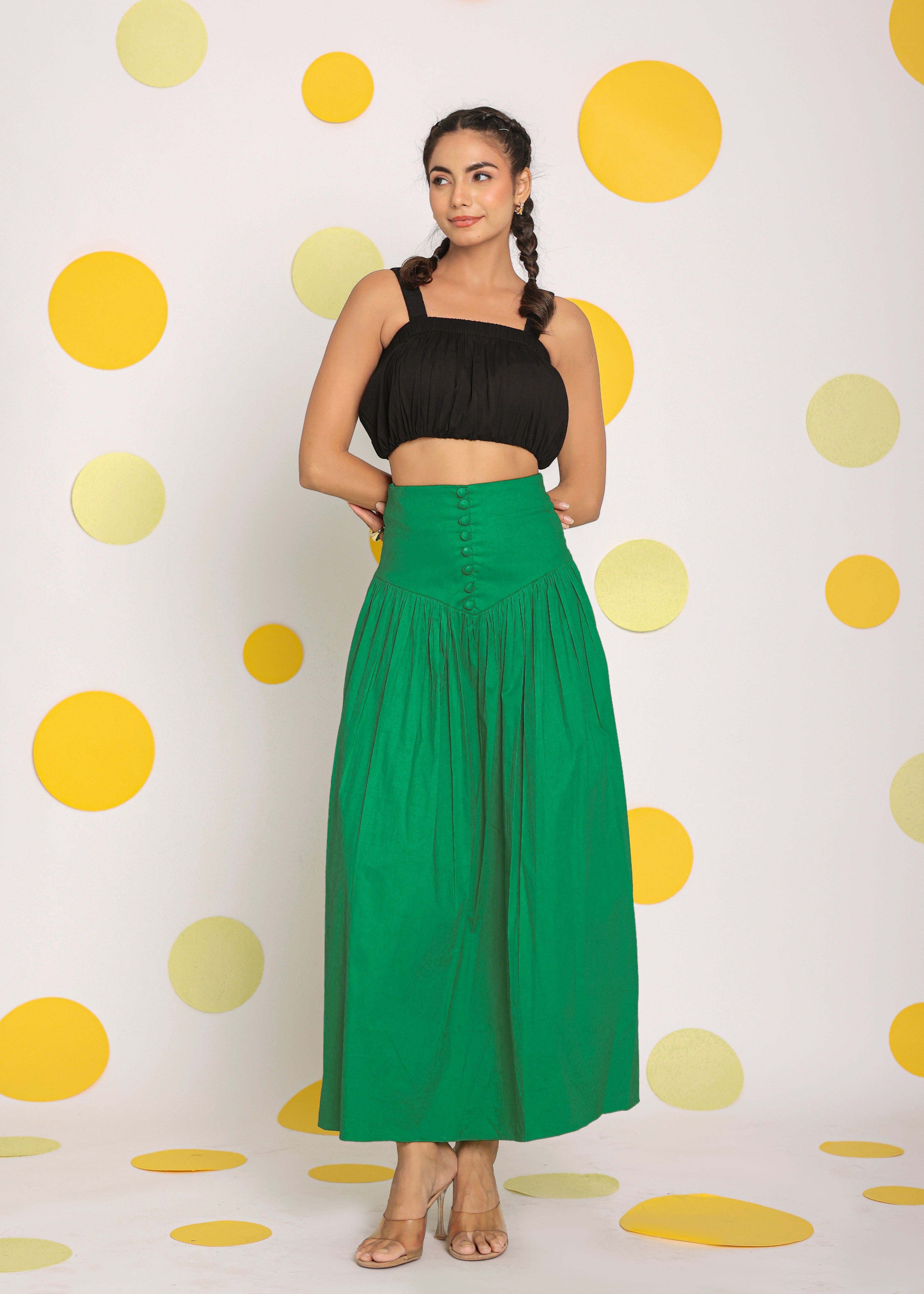 Black Crop Top and Corset Fitted Green Long Skirt Cotton Co-ord Set - Kaoribyshreya