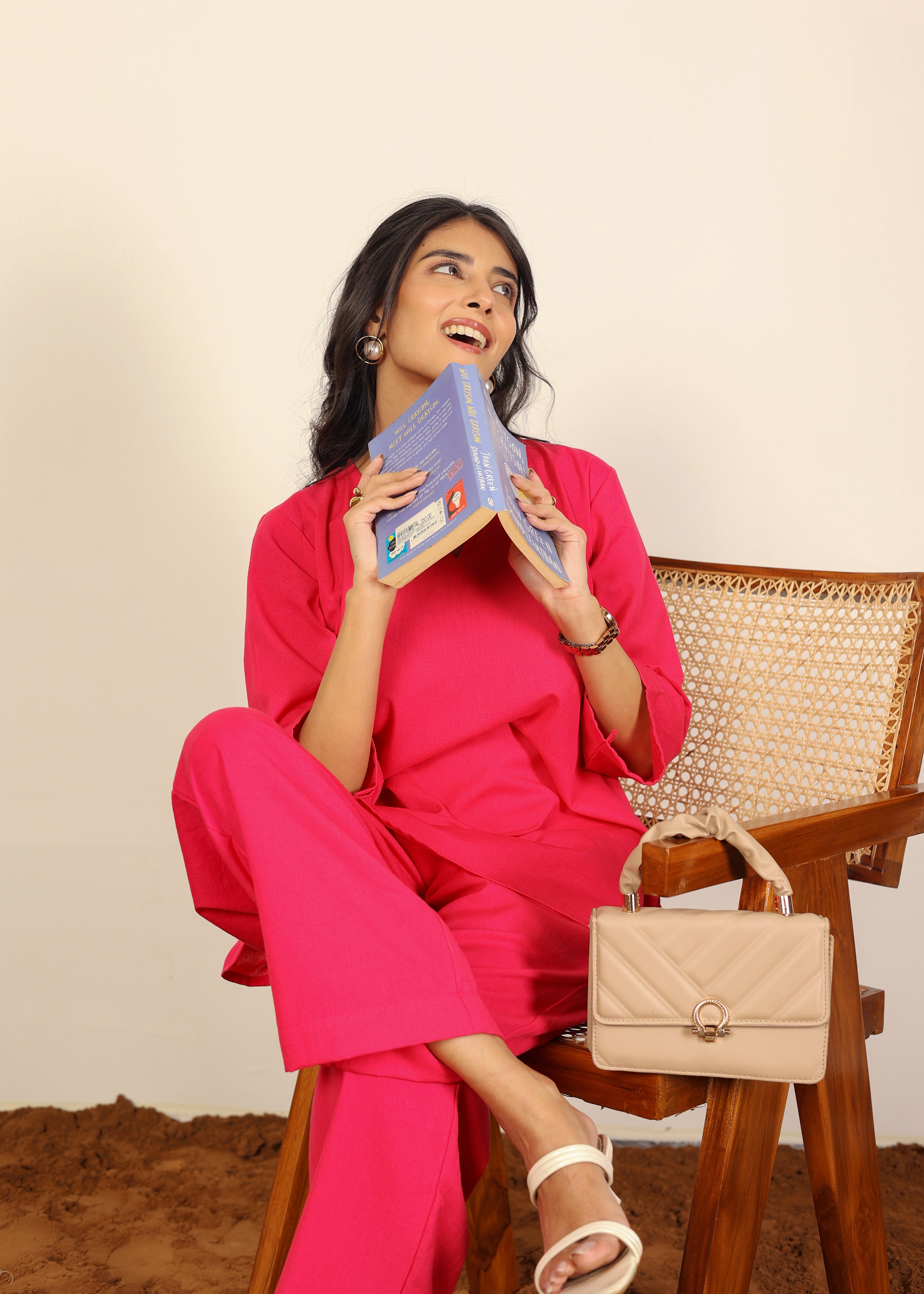 Solid Pink Two Piece Set Kurta Style Top and Wide leg Trouser Cotton Linen Blend Indo Western Co-ord Set - Kaoribyshreya