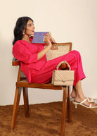 Solid Pink Two Piece Set Kurta Style Top and Wide leg Trouser Cotton Linen Blend Indo Western Co-ord Set - Kaoribyshreya
