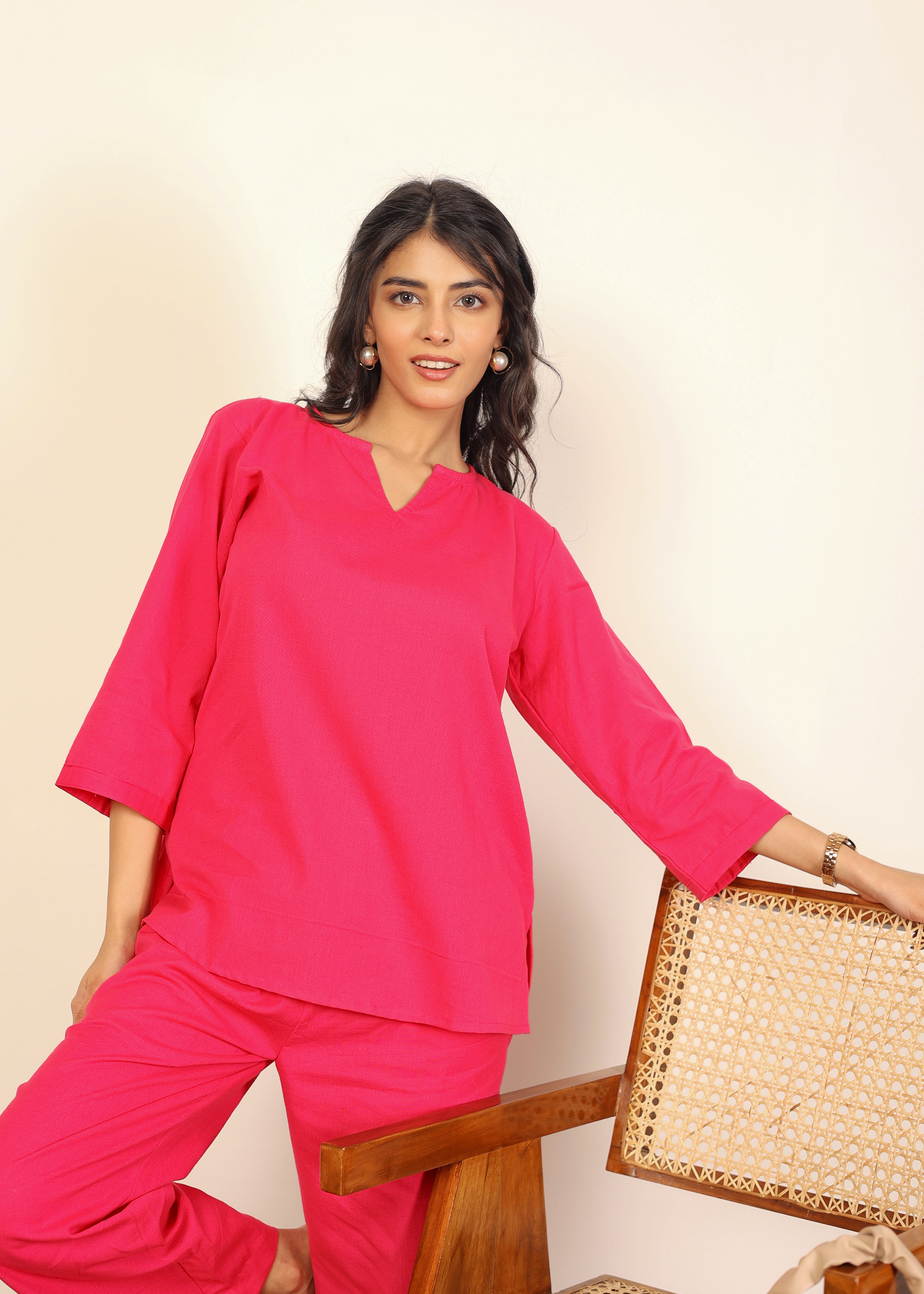 Solid Pink Two Piece Set Kurta Style Top and Wide leg Trouser Cotton Linen Blend Indo Western Co-ord Set - Kaoribyshreya