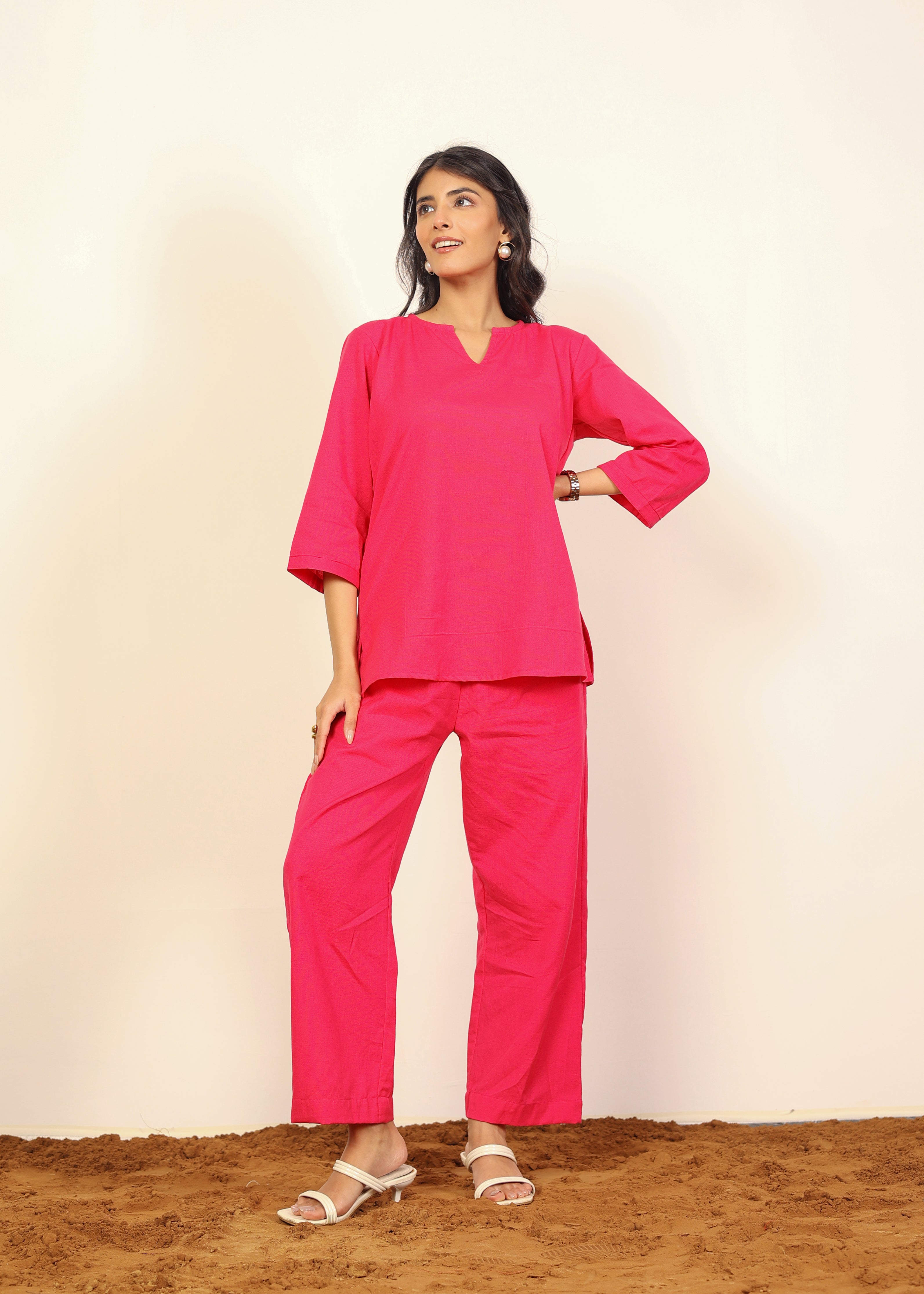 Solid Pink Two Piece Set Kurta Style Top and Wide leg Trouser Cotton Linen Blend Indo Western Co-ord Set - Kaoribyshreya