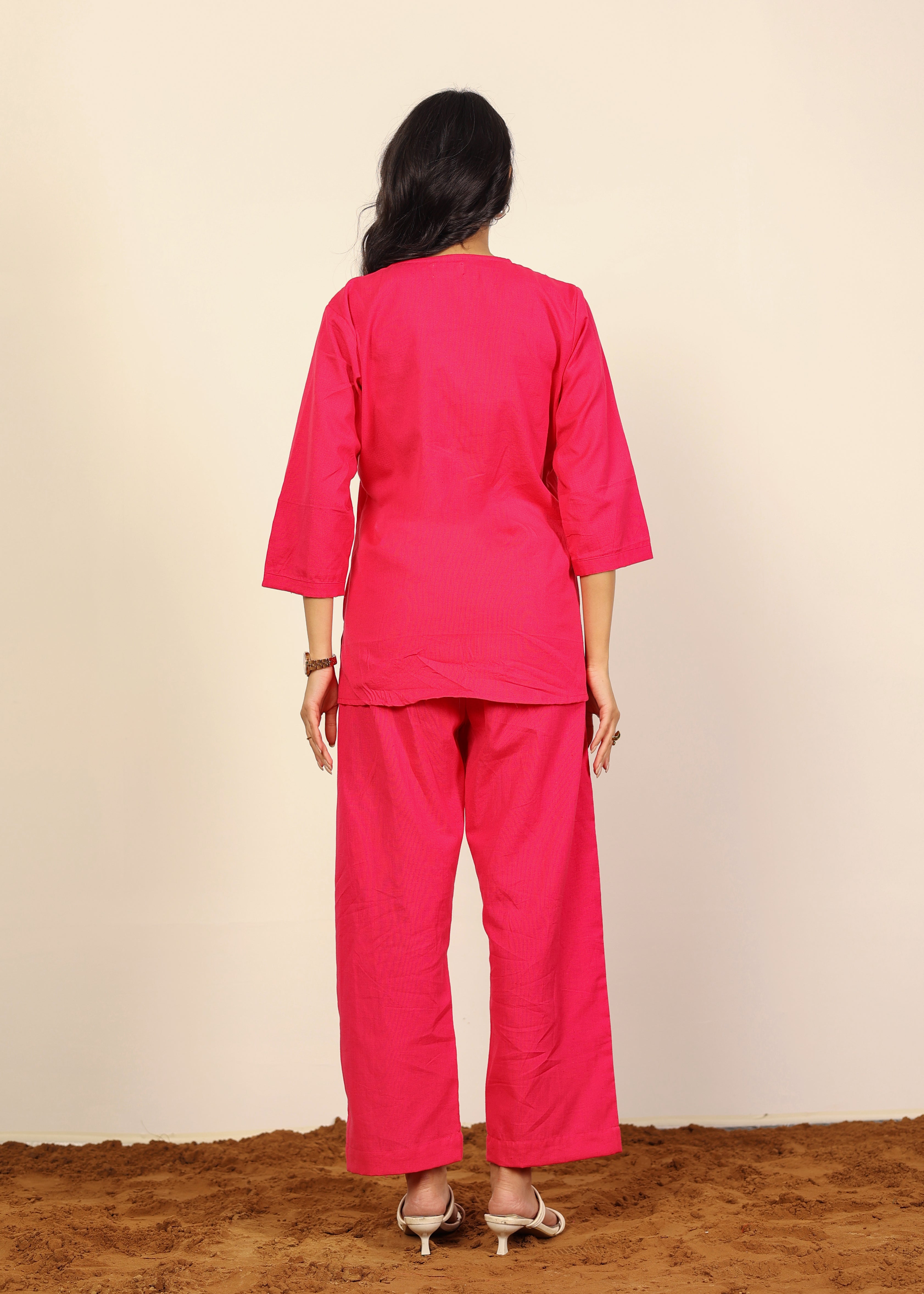 Solid Pink Two Piece Set Kurta Style Top and Wide leg Trouser Cotton Linen Blend Indo Western Co-ord Set - Kaoribyshreya