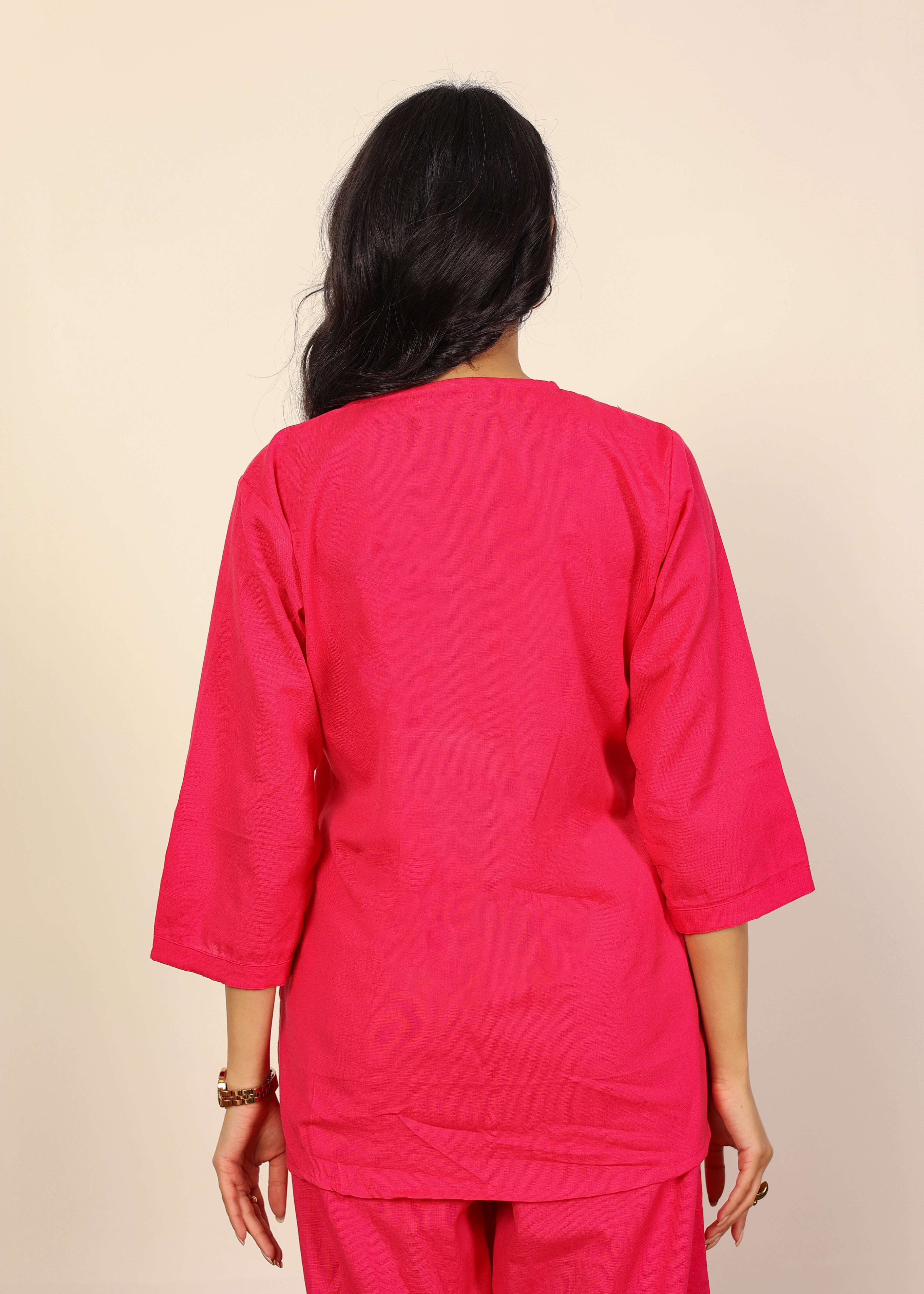 Solid Pink Two Piece Set Kurta Style Top and Wide leg Trouser Cotton Linen Blend Indo Western Co-ord Set - Kaoribyshreya