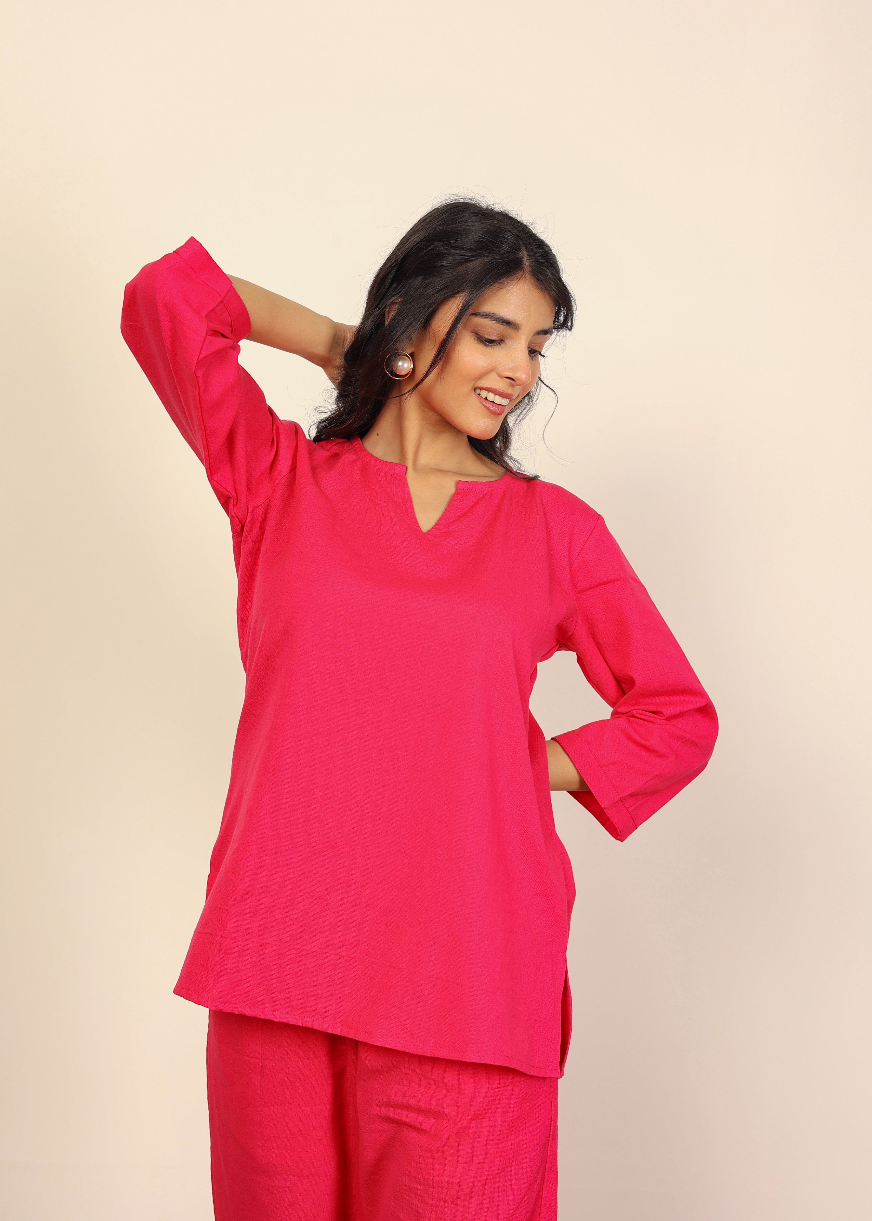 Solid Pink Two Piece Set Kurta Style Top and Wide leg Trouser Cotton Linen Blend Indo Western Co-ord Set - Kaoribyshreya