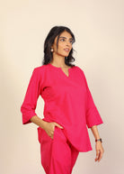 Solid Pink Two Piece Set Kurta Style Top and Wide leg Trouser Cotton Linen Blend Indo Western Co-ord Set - Kaoribyshreya