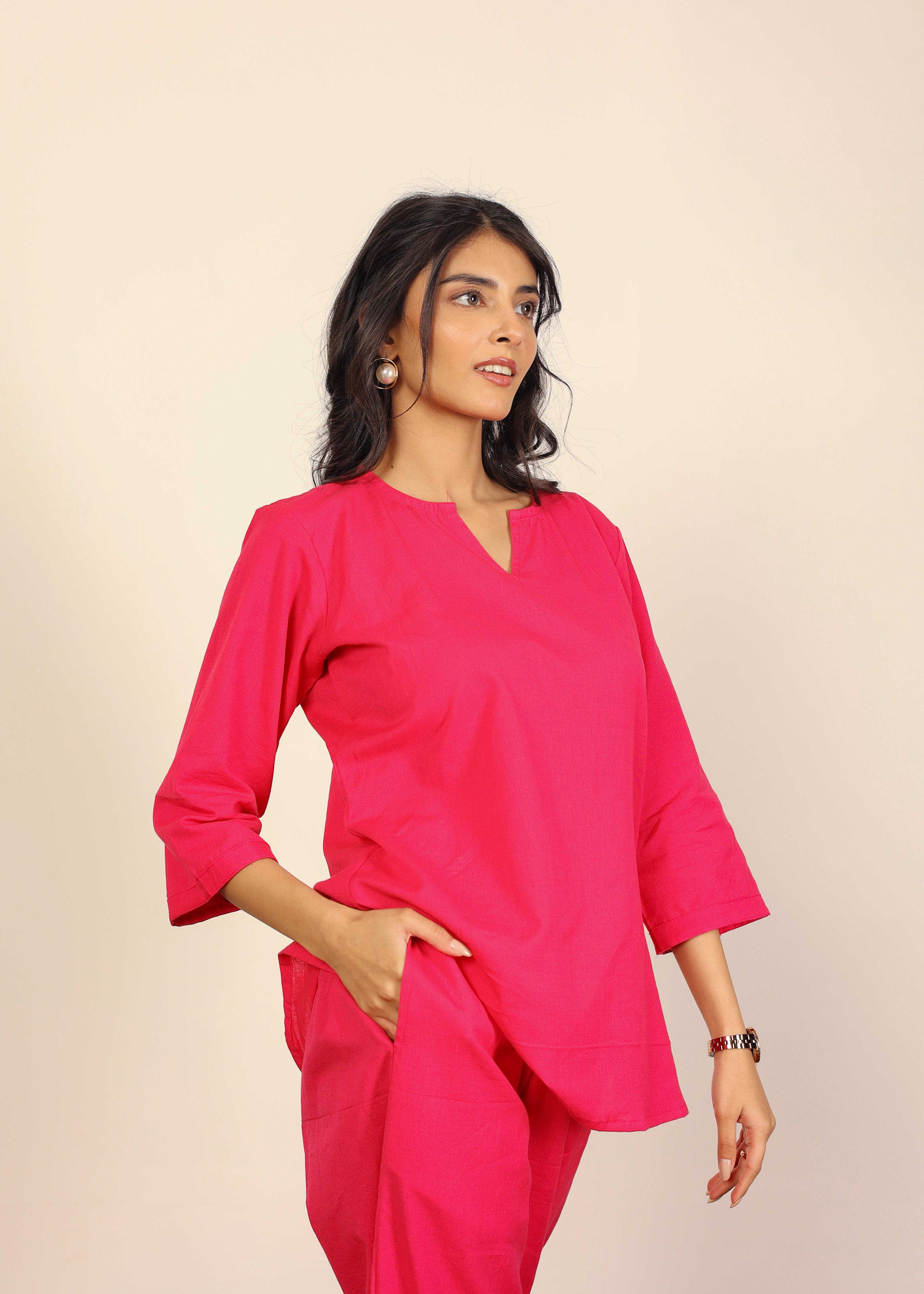 Solid Pink Two Piece Set Kurta Style Top and Wide leg Trouser Cotton Linen Blend Indo Western Co-ord Set - Kaoribyshreya