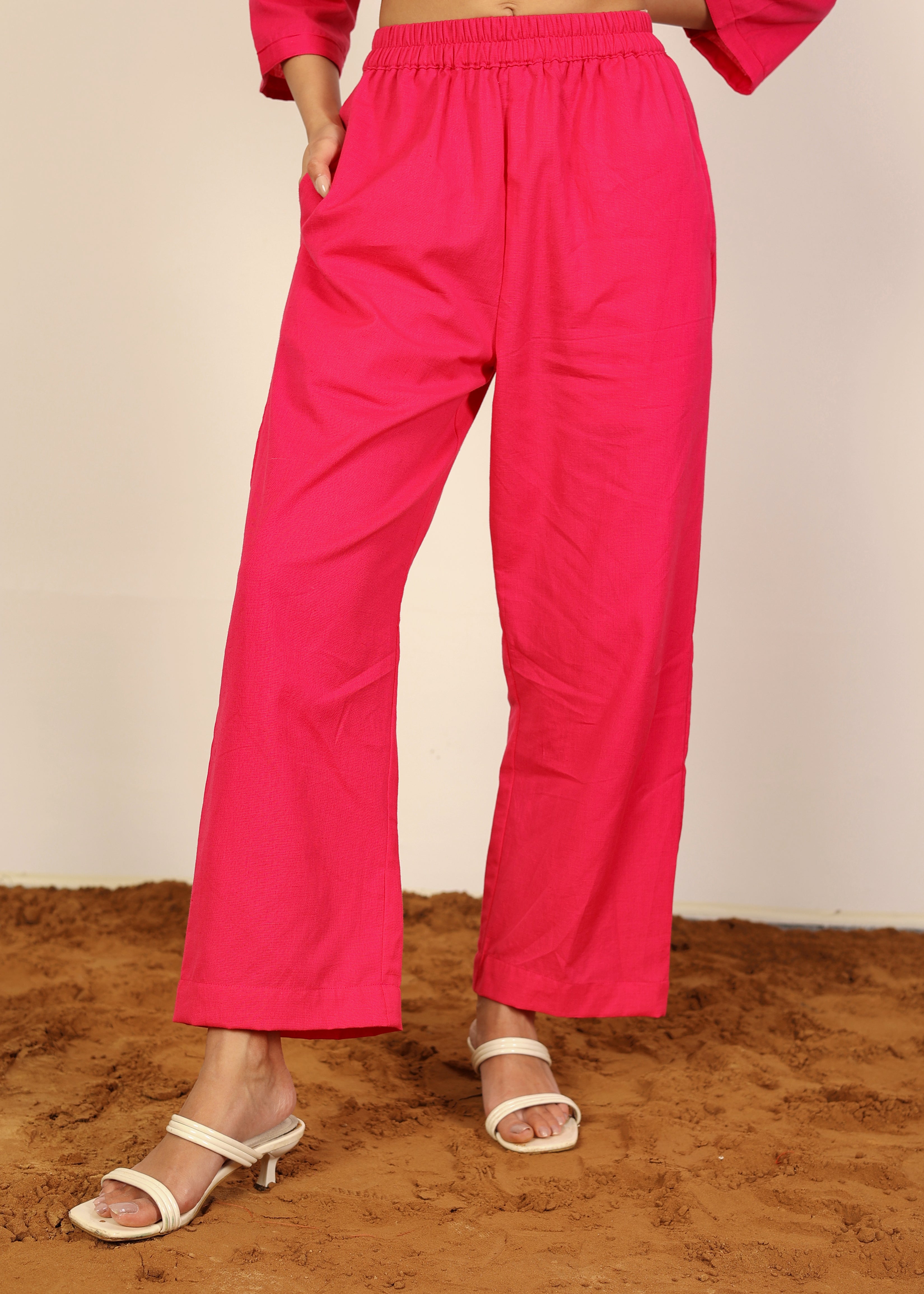 Solid Pink Two Piece Set Kurta Style Top and Wide leg Trouser Cotton Linen Blend Indo Western Co-ord Set - Kaoribyshreya