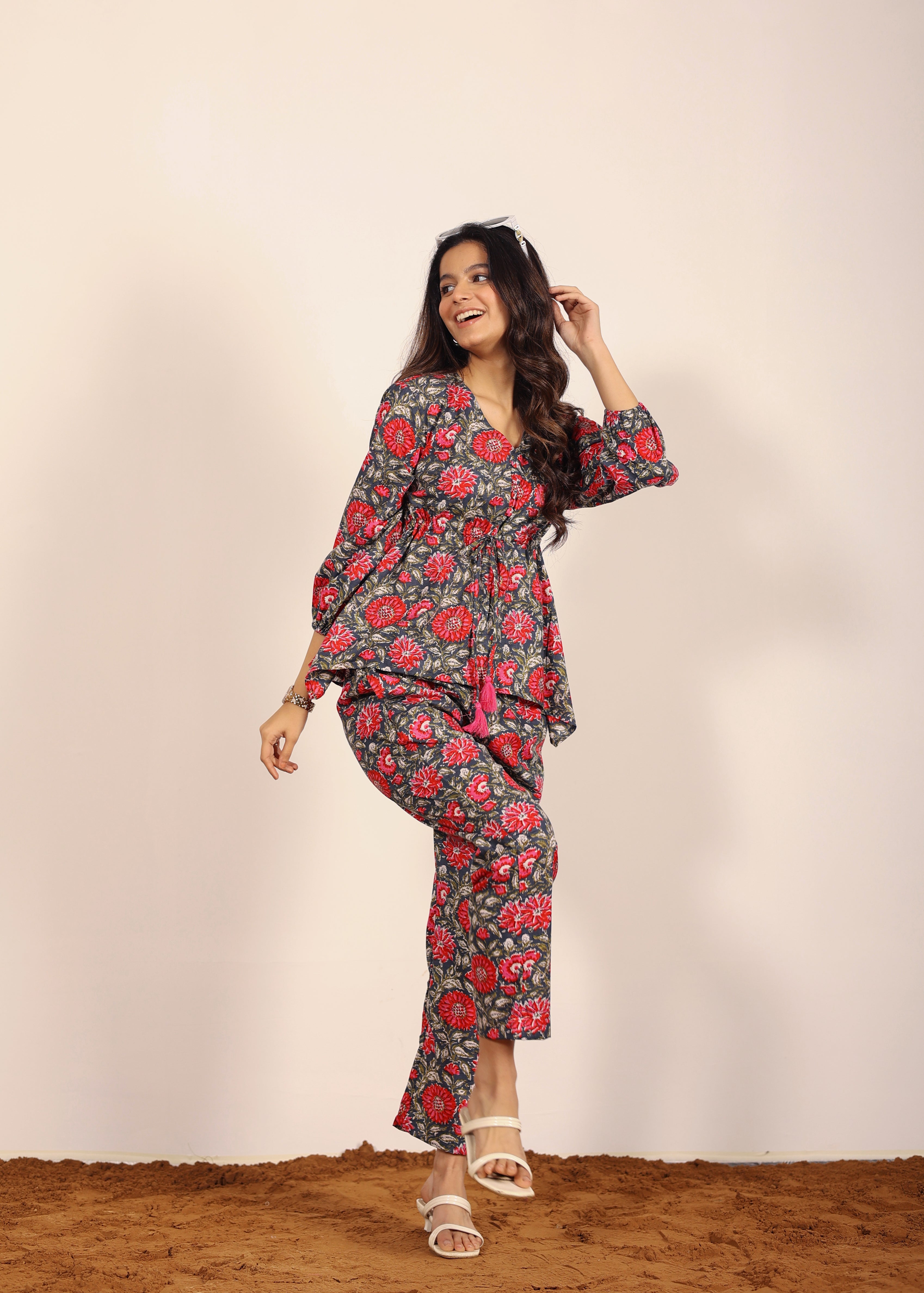 Pink and Multi Floral Resort, Work Wear Two Piece Sets Front Tie Tunic Tops and Straight Legs Indo Western 100% Cotton Co-ord Sets - Kaoribyshreya