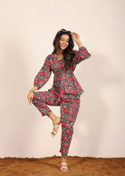 Pink and Multi Floral Resort, Work Wear Two Piece Sets Front Tie Tunic Tops and Straight Legs Indo Western 100% Cotton Co-ord Sets - Kaoribyshreya
