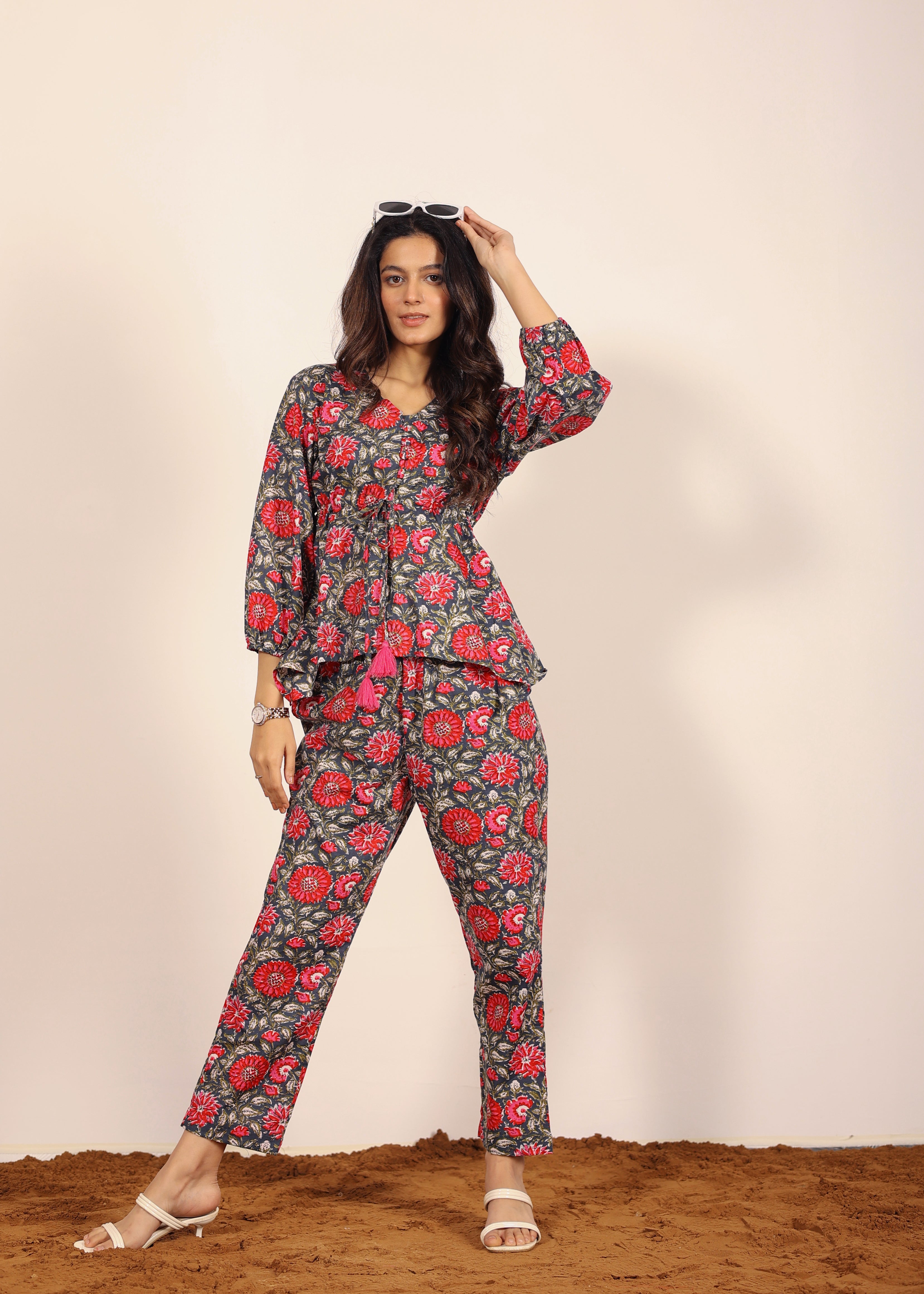 Pink and Multi Floral Resort, Work Wear Two Piece Sets Front Tie Tunic Tops and Straight Legs Indo Western 100% Cotton Co-ord Sets - Kaoribyshreya