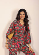 Pink and Multi Floral Resort, Work Wear Two Piece Sets Front Tie Tunic Tops and Straight Legs Indo Western 100% Cotton Co-ord Sets - Kaoribyshreya