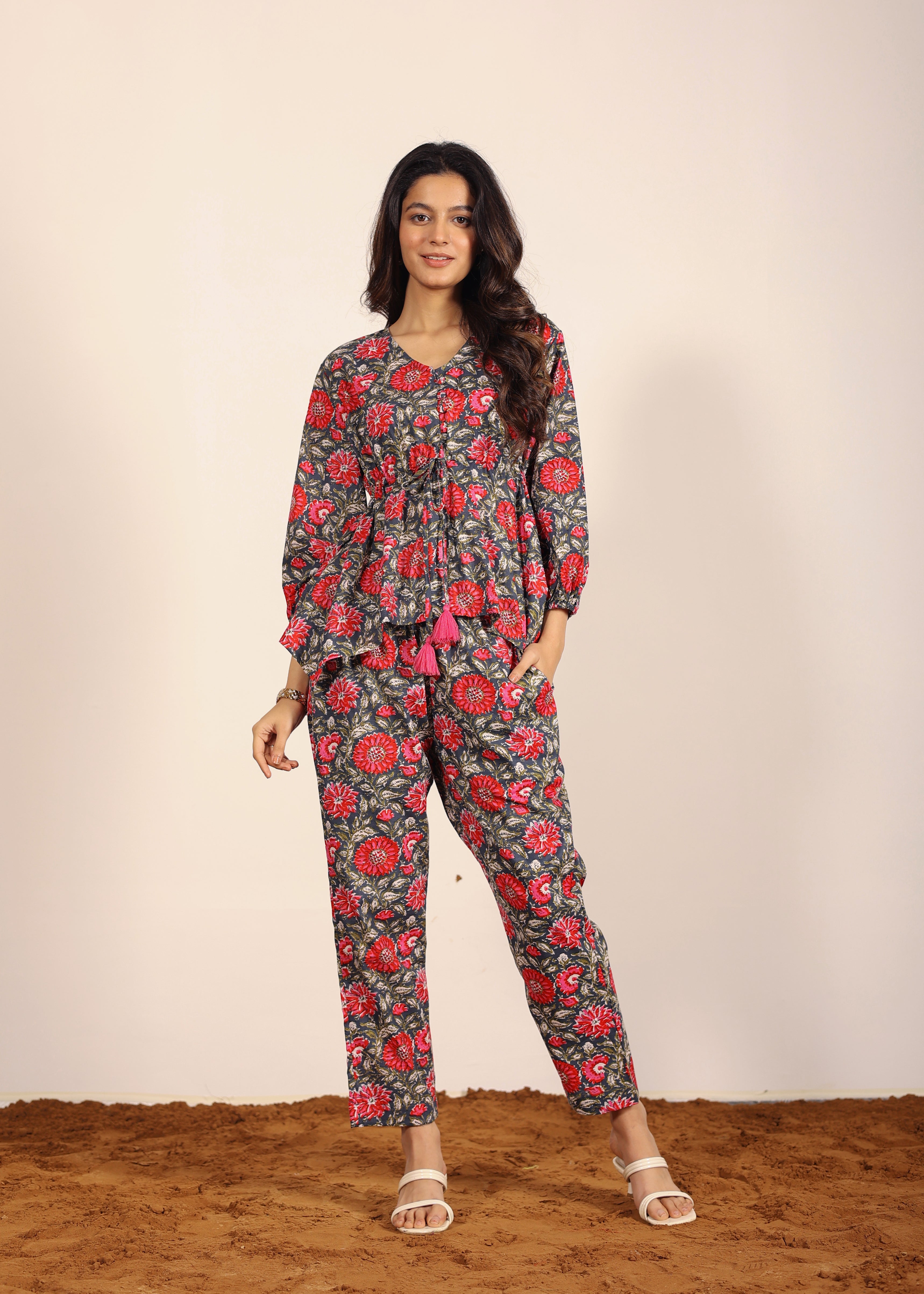 Pink and Multi Floral Resort, Work Wear Two Piece Sets Front Tie Tunic Tops and Straight Legs Indo Western 100% Cotton Co-ord Sets - Kaoribyshreya