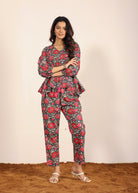 Pink and Multi Floral Resort, Work Wear Two Piece Sets Front Tie Tunic Tops and Straight Legs Indo Western 100% Cotton Co-ord Sets - Kaoribyshreya