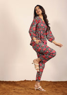 Pink and Multi Floral Resort, Work Wear Two Piece Sets Front Tie Tunic Tops and Straight Legs Indo Western 100% Cotton Co-ord Sets - Kaoribyshreya