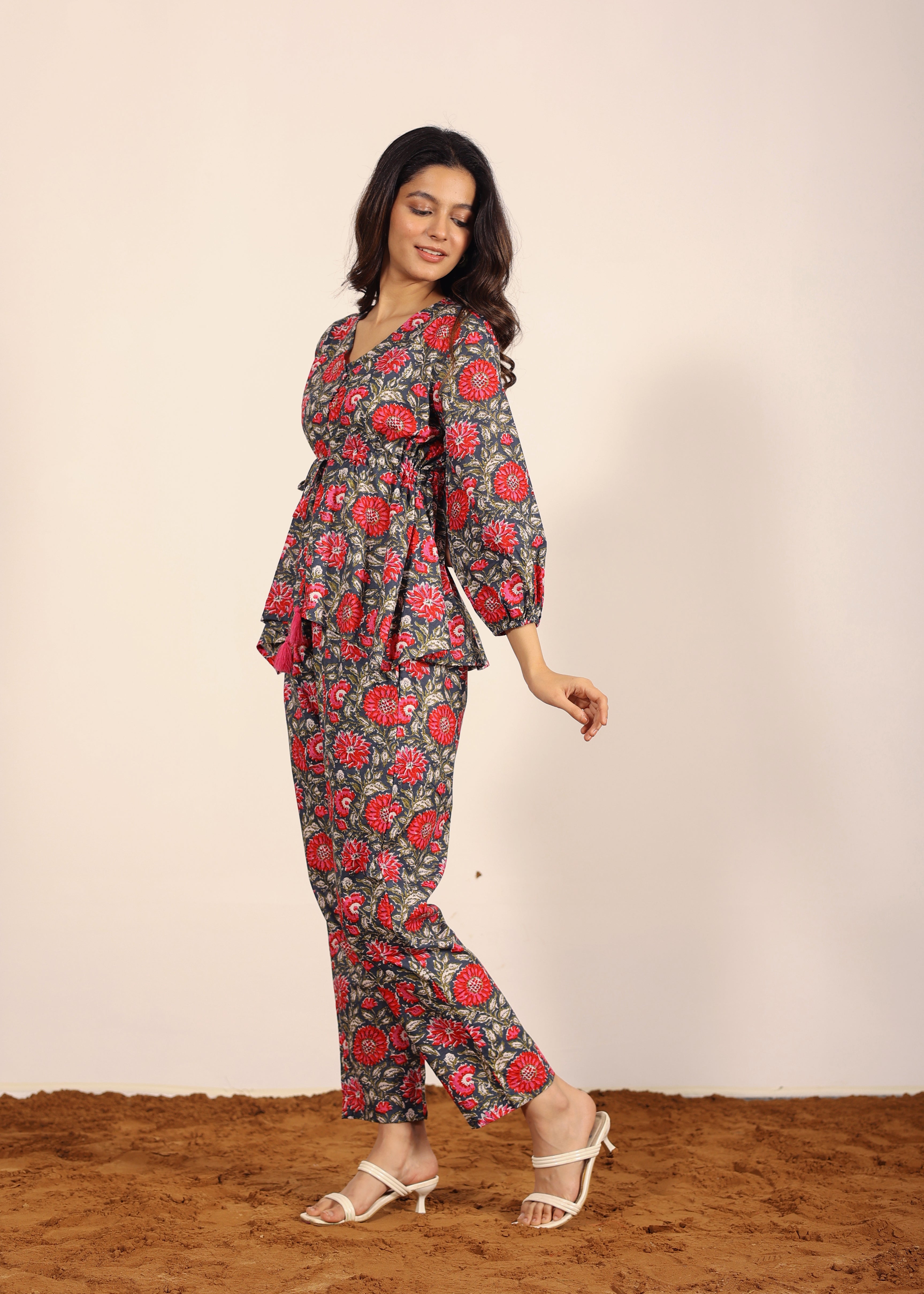 Pink and Multi Floral Resort, Work Wear Two Piece Sets Front Tie Tunic Tops and Straight Legs Indo Western 100% Cotton Co-ord Sets - Kaoribyshreya