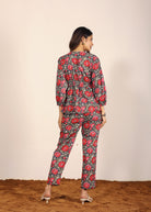 Pink and Multi Floral Resort, Work Wear Two Piece Sets Front Tie Tunic Tops and Straight Legs Indo Western 100% Cotton Co-ord Sets - Kaoribyshreya