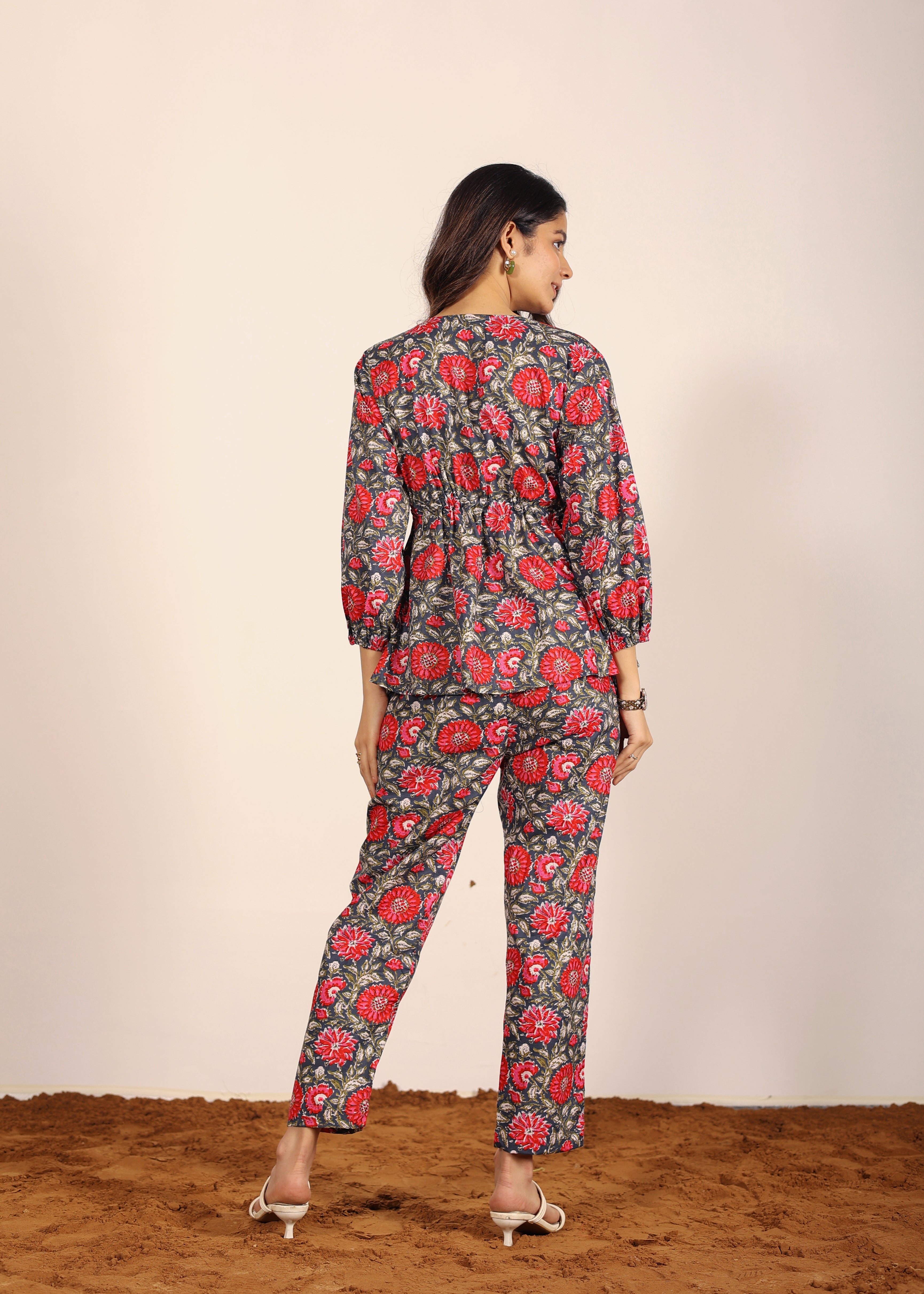 Pink and Multi Floral Resort, Work Wear Two Piece Sets Front Tie Tunic Tops and Straight Legs Indo Western 100% Cotton Co-ord Sets - Kaoribyshreya