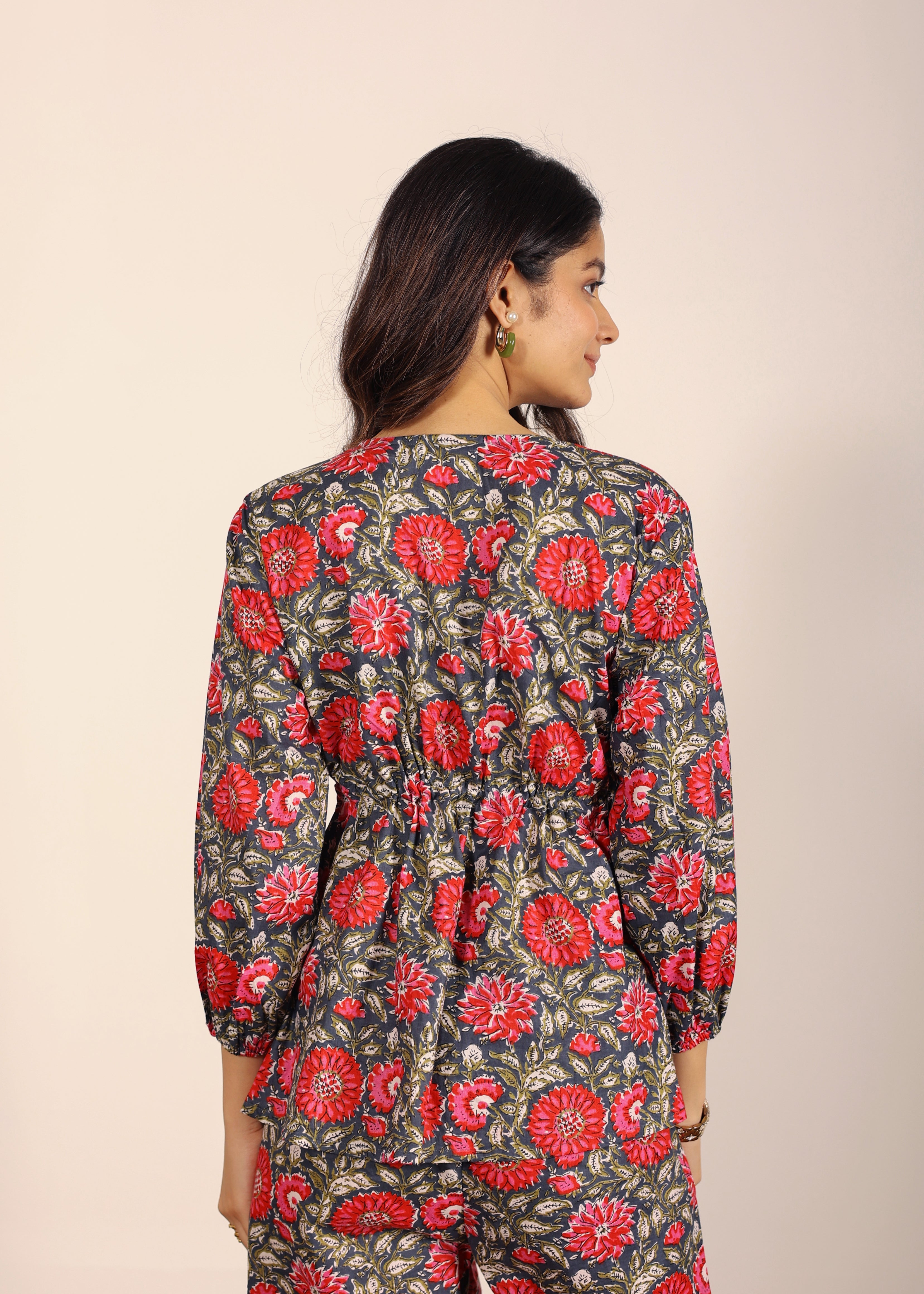 Pink and Multi Floral Resort, Work Wear Two Piece Sets Front Tie Tunic Tops and Straight Legs Indo Western 100% Cotton Co-ord Sets - Kaoribyshreya