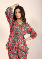 Pink and Multi Floral Resort, Work Wear Two Piece Sets Front Tie Tunic Tops and Straight Legs Indo Western 100% Cotton Co-ord Sets - Kaoribyshreya