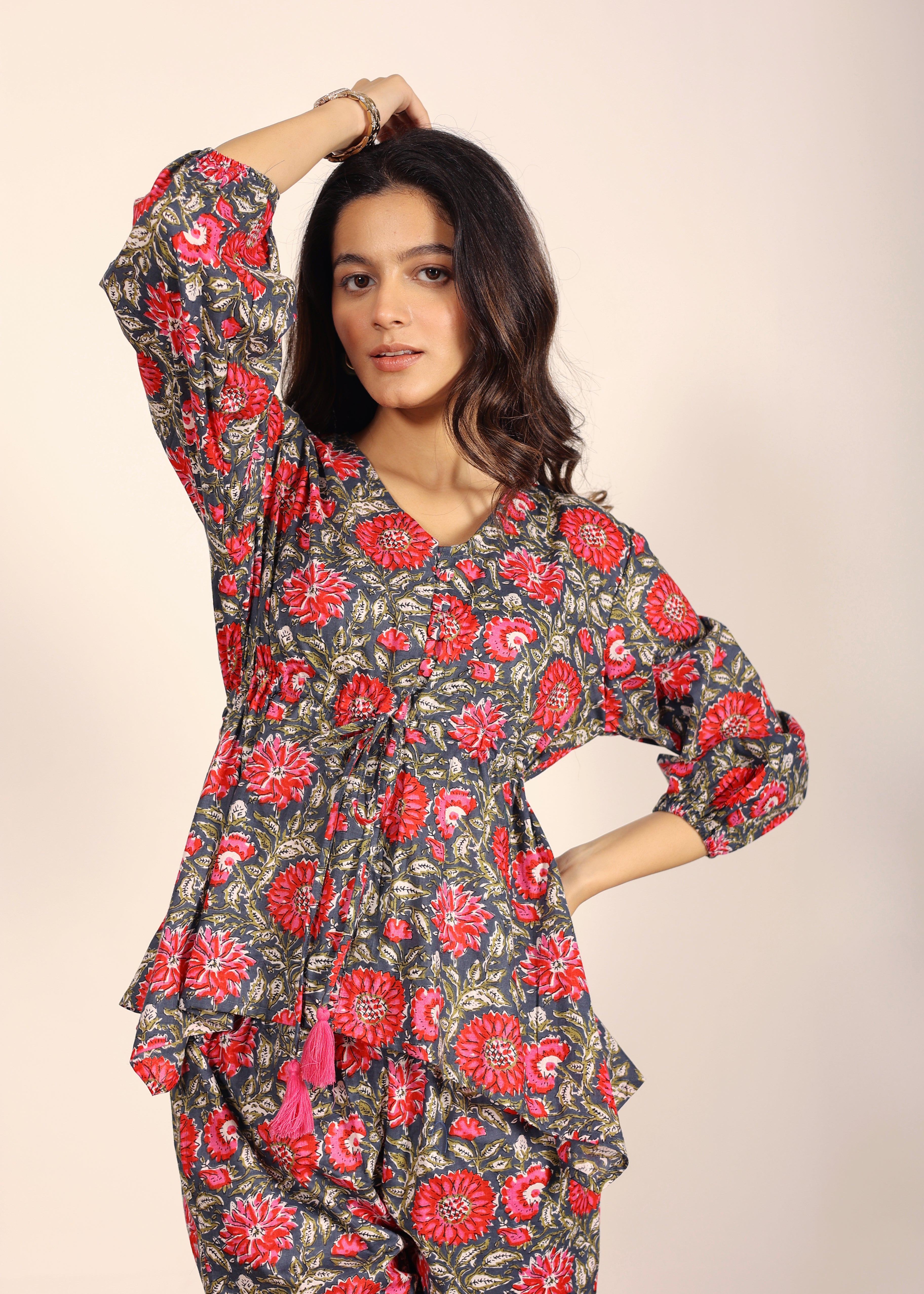 Pink and Multi Floral Resort, Work Wear Two Piece Sets Front Tie Tunic Tops and Straight Legs Indo Western 100% Cotton Co-ord Sets - Kaoribyshreya