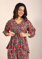 Pink and Multi Floral Resort, Work Wear Two Piece Sets Front Tie Tunic Tops and Straight Legs Indo Western 100% Cotton Co-ord Sets - Kaoribyshreya