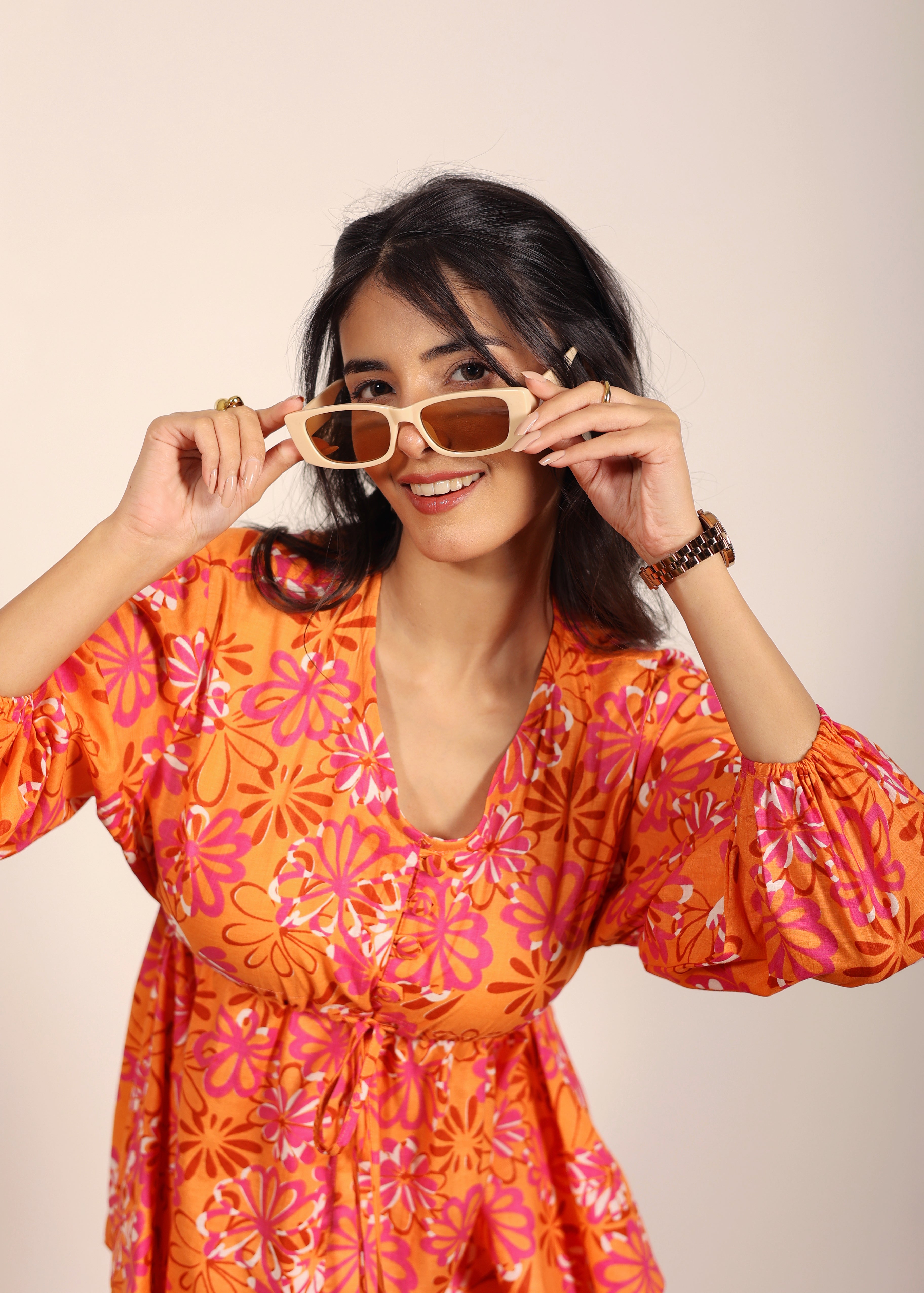 Orange and Multi Floral Resort, Work Wear Two Piece Sets Front Tie Style Tunic Tops and Wide Legs Indo Western 100% Cotton Co-ord Sets - Kaoribyshreya