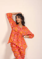 Orange and Multi Floral Resort, Work Wear Two Piece Sets Front Tie Style Tunic Tops and Wide Legs Indo Western 100% Cotton Co-ord Sets - Kaoribyshreya