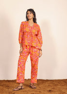 Orange and Multi Floral Resort, Work Wear Two Piece Sets Front Tie Style Tunic Tops and Wide Legs Indo Western 100% Cotton Co-ord Sets - Kaoribyshreya