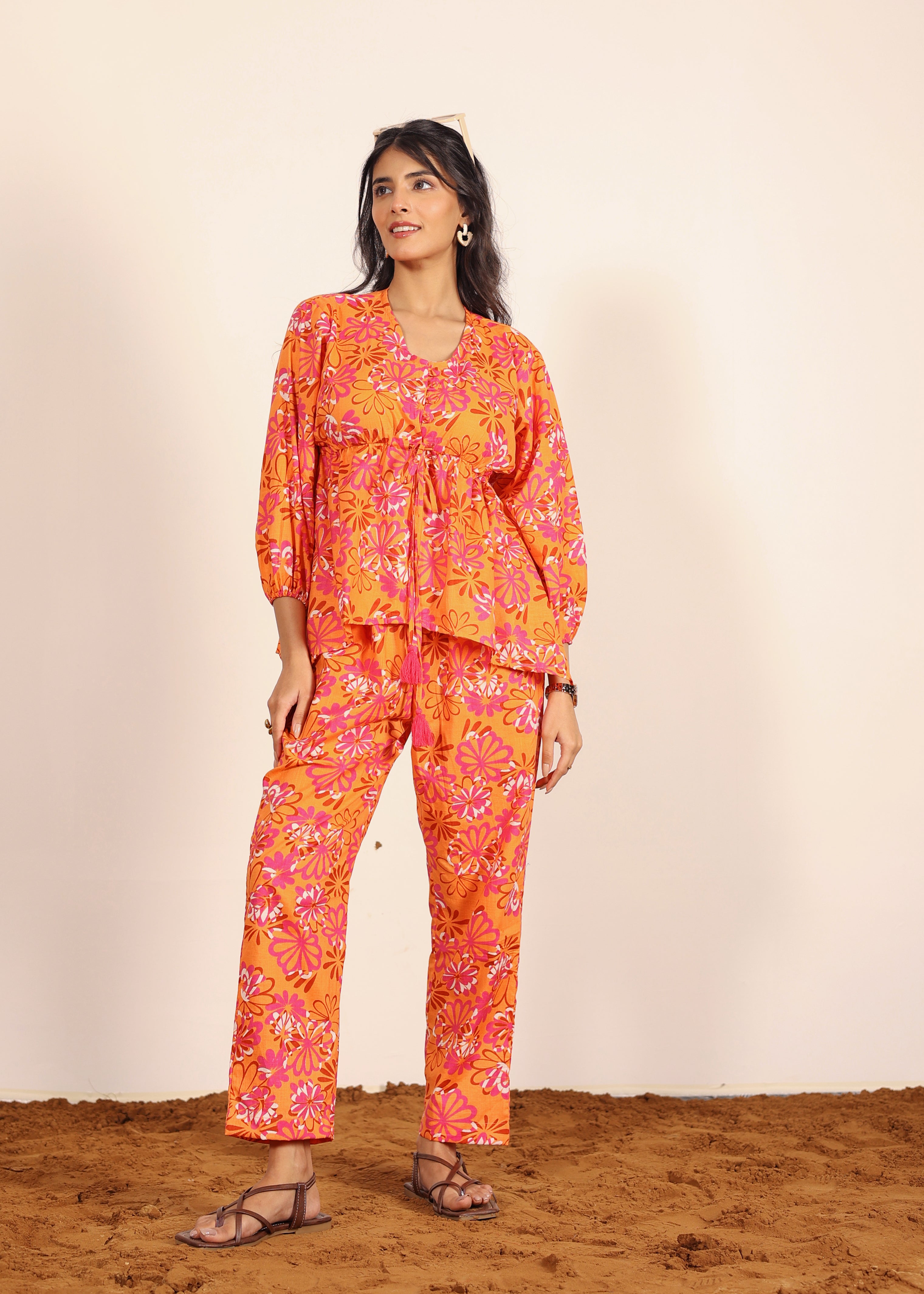 Orange and Multi Floral Resort, Work Wear Two Piece Sets Front Tie Style Tunic Tops and Wide Legs Indo Western 100% Cotton Co-ord Sets - Kaoribyshreya