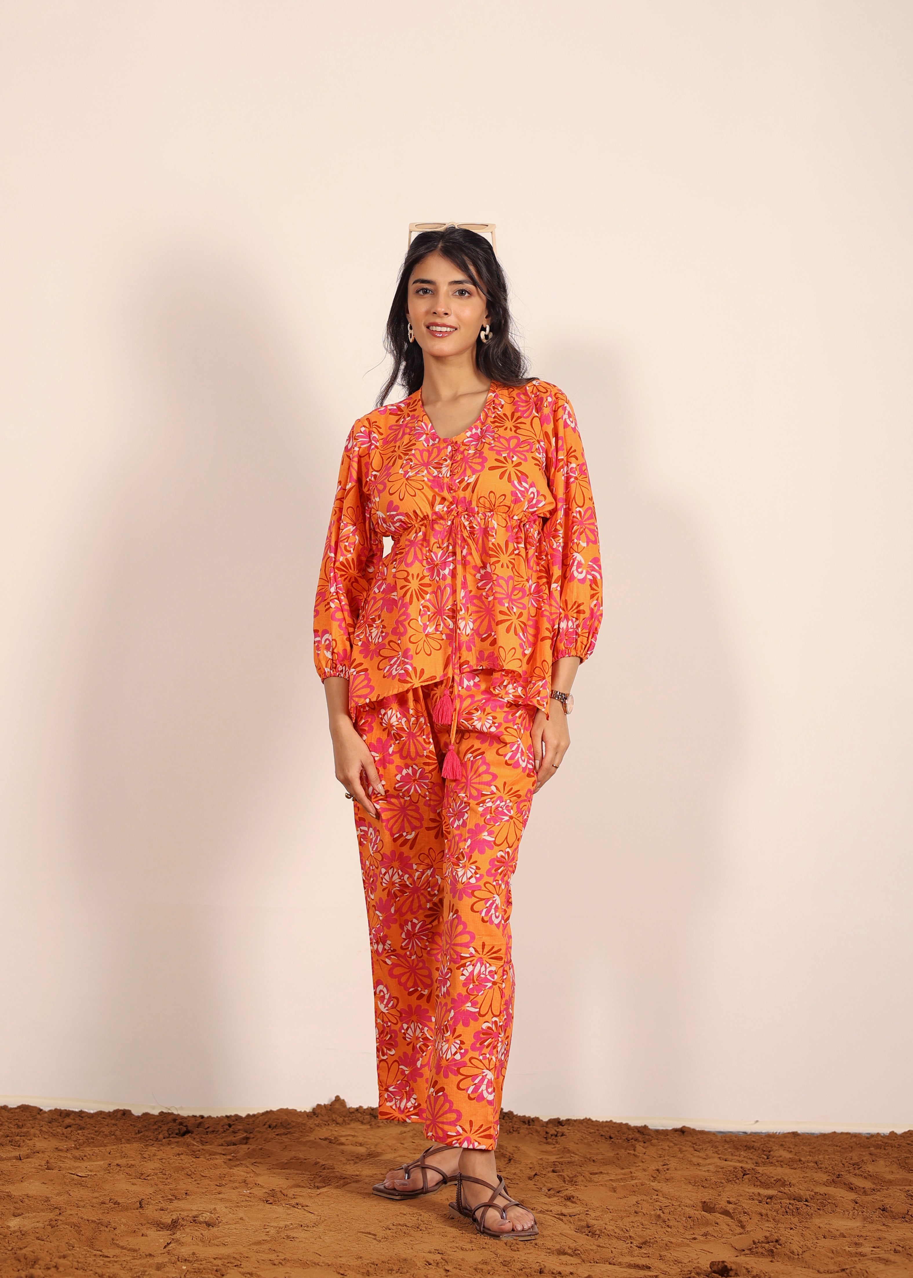 Orange and Multi Floral Resort, Work Wear Two Piece Sets Front Tie Style Tunic Tops and Wide Legs Indo Western 100% Cotton Co-ord Sets - Kaoribyshreya