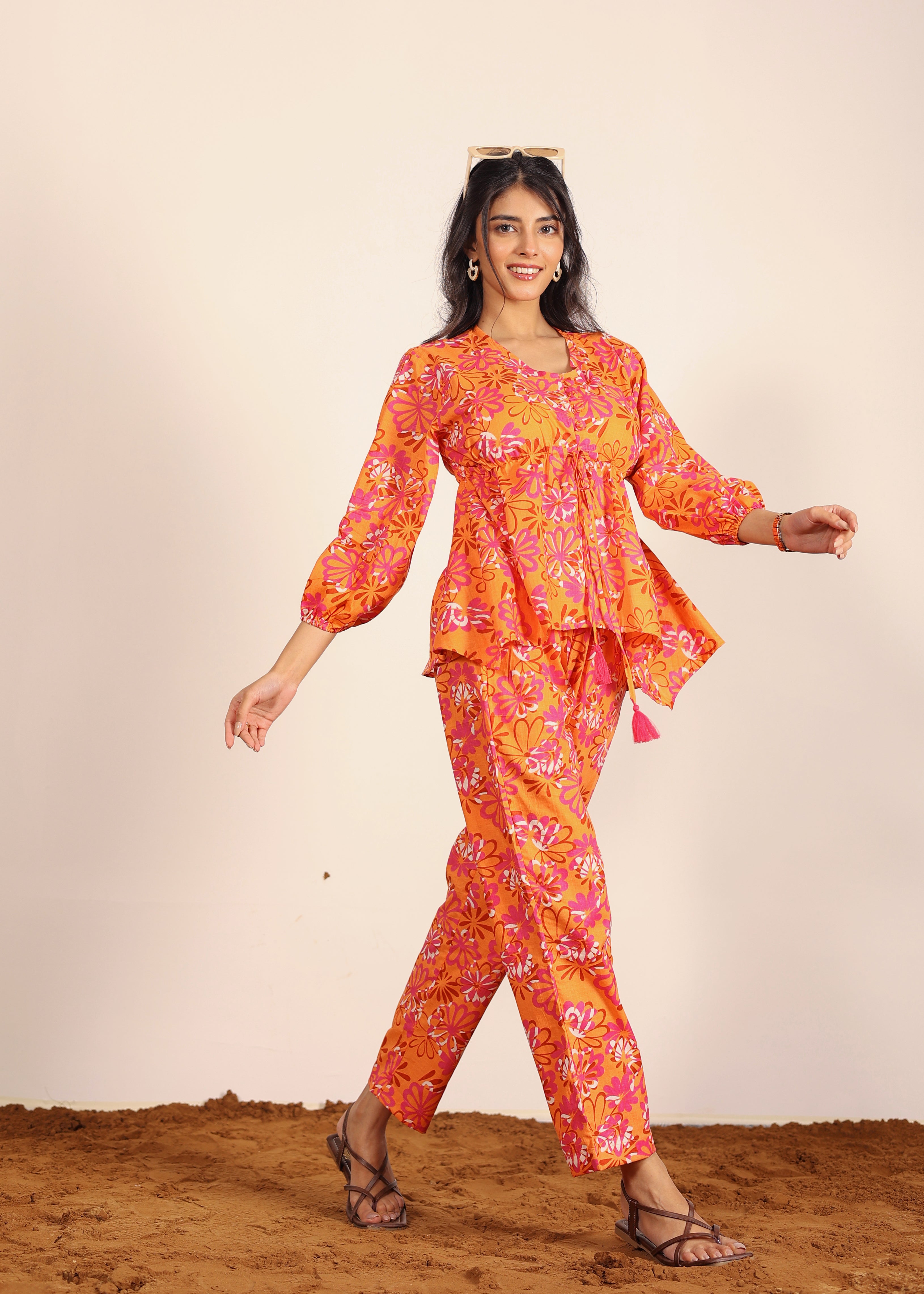 Orange and Multi Floral Resort, Work Wear Two Piece Sets Front Tie Style Tunic Tops and Wide Legs Indo Western 100% Cotton Co-ord Sets - Kaoribyshreya