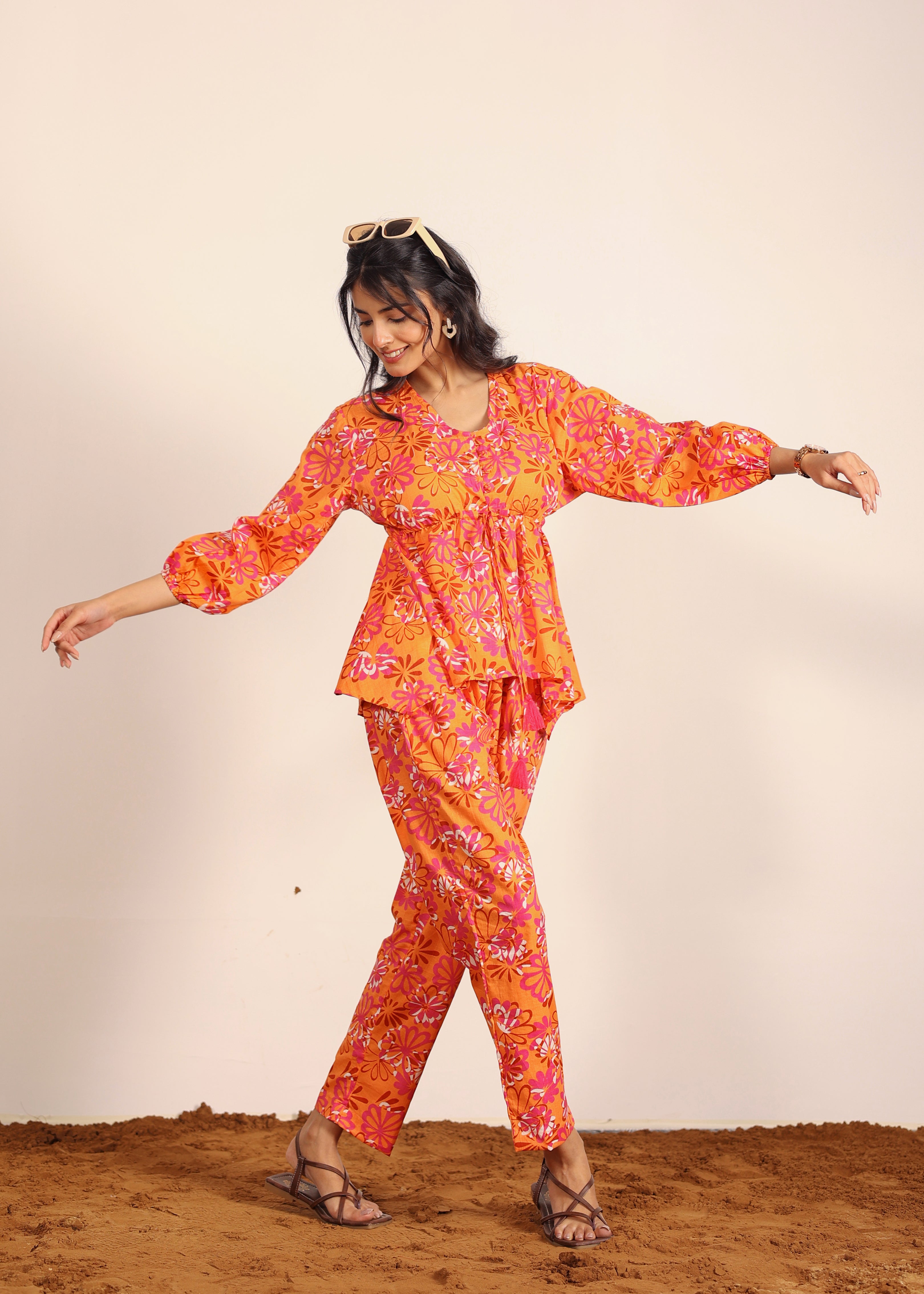 Orange and Multi Floral Resort, Work Wear Two Piece Sets Front Tie Style Tunic Tops and Wide Legs Indo Western 100% Cotton Co-ord Sets - Kaoribyshreya