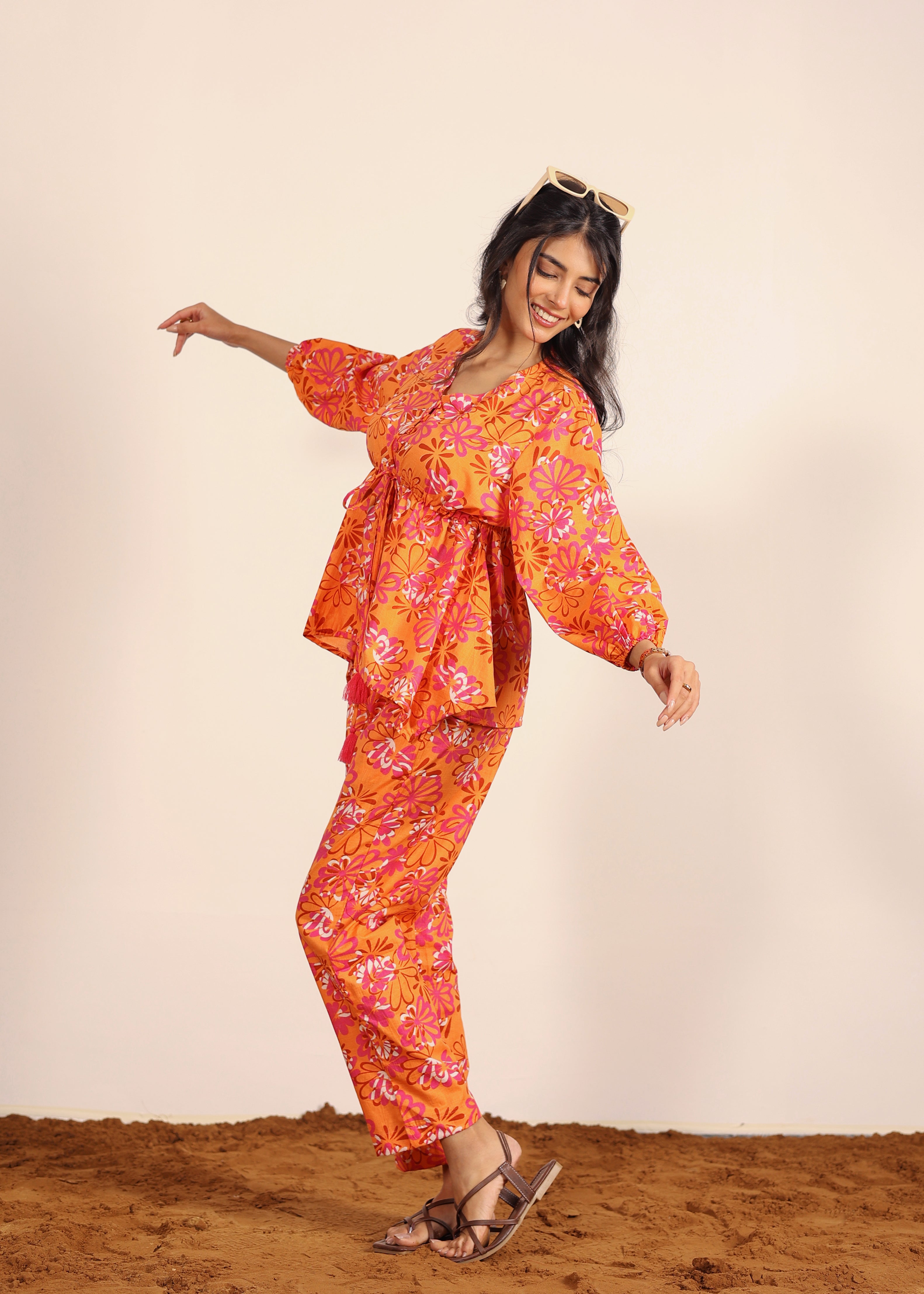 Orange and Multi Floral Resort, Work Wear Two Piece Sets Front Tie Style Tunic Tops and Wide Legs Indo Western 100% Cotton Co-ord Sets - Kaoribyshreya