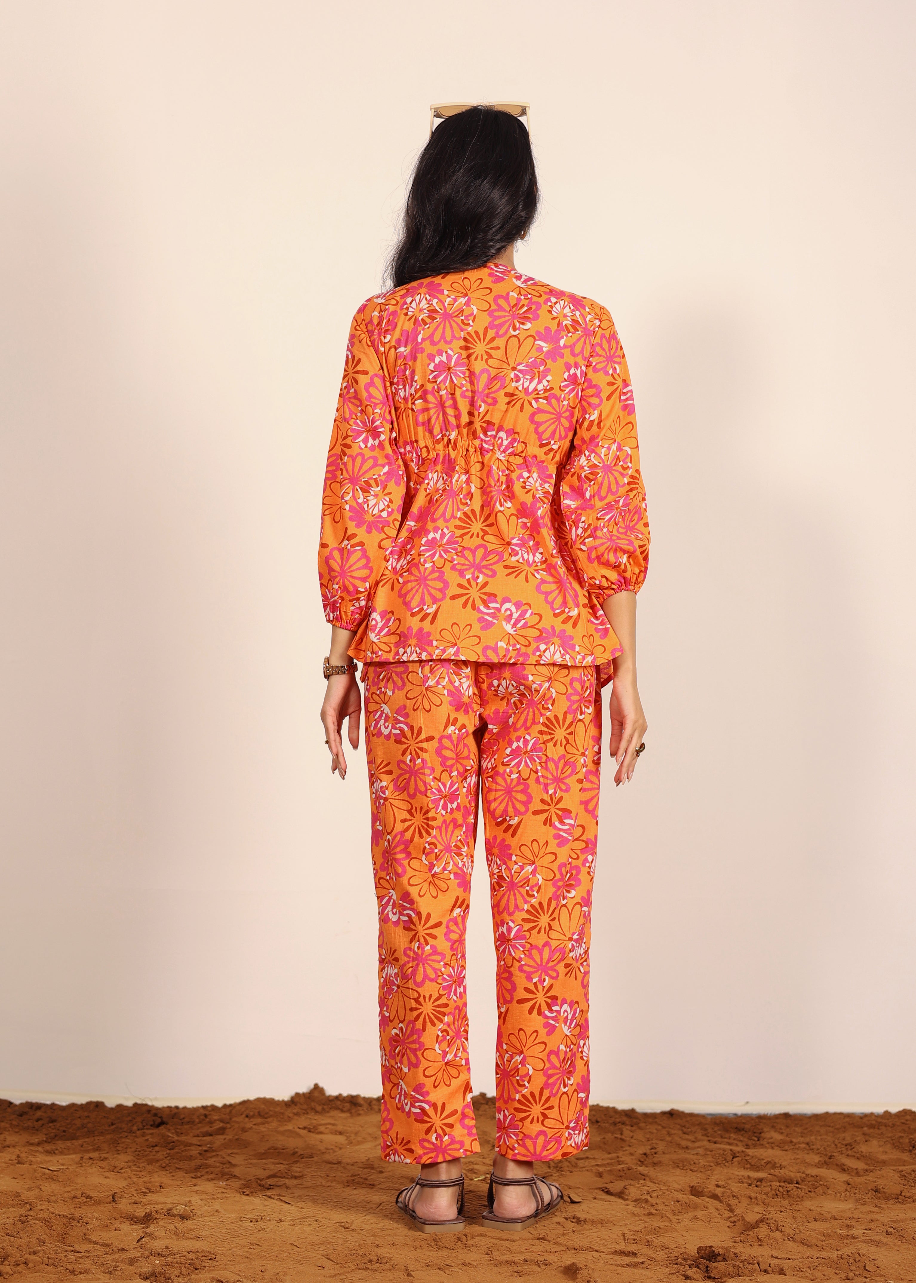 Orange and Multi Floral Resort, Work Wear Two Piece Sets Front Tie Style Tunic Tops and Wide Legs Indo Western 100% Cotton Co-ord Sets - Kaoribyshreya