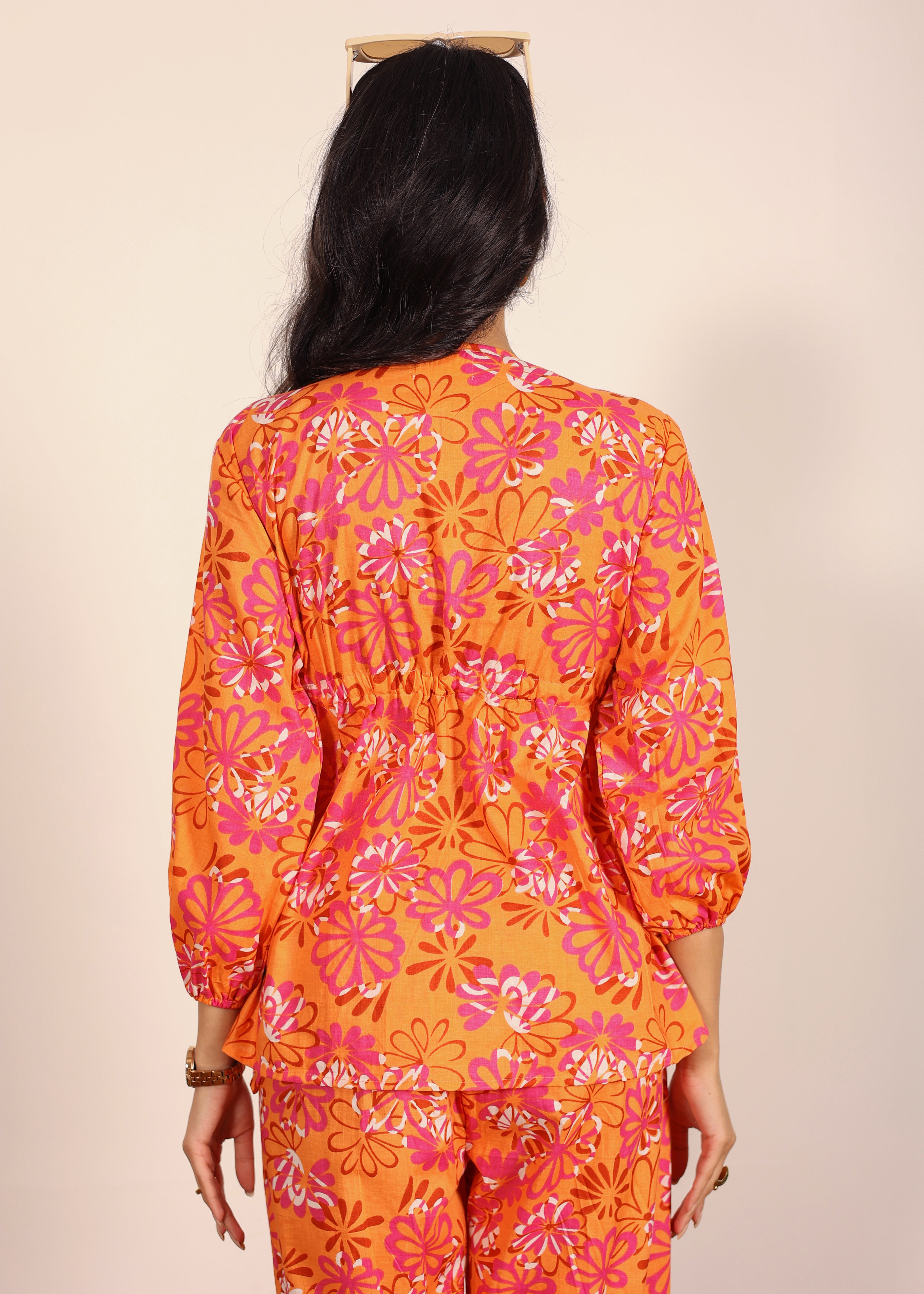Orange and Multi Floral Resort, Work Wear Two Piece Sets Front Tie Style Tunic Tops and Wide Legs Indo Western 100% Cotton Co-ord Sets - Kaoribyshreya
