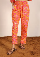 Orange and Multi Floral Resort, Work Wear Two Piece Sets Front Tie Style Tunic Tops and Wide Legs Indo Western 100% Cotton Co-ord Sets - Kaoribyshreya