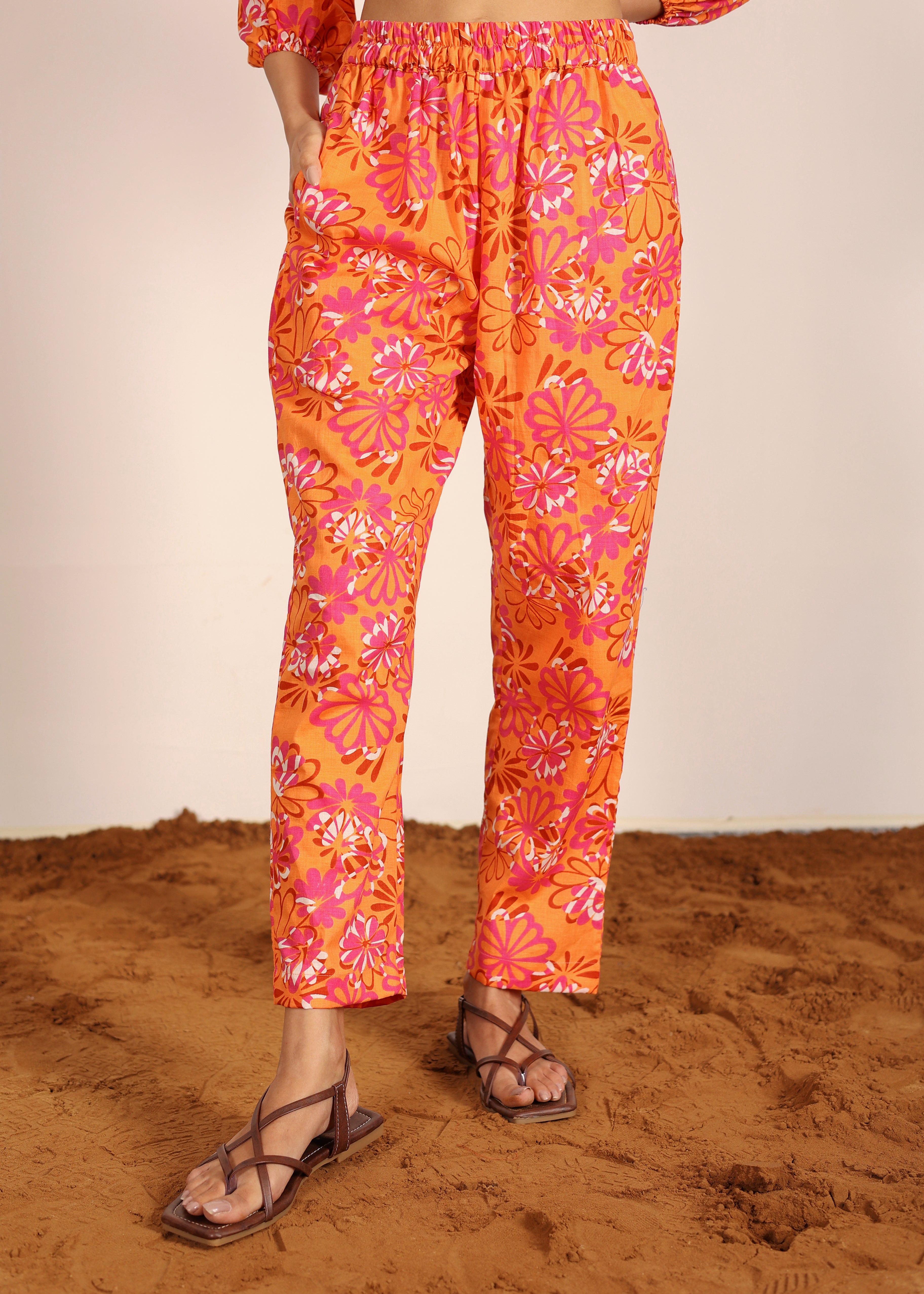 Orange and Multi Floral Resort, Work Wear Two Piece Sets Front Tie Style Tunic Tops and Wide Legs Indo Western 100% Cotton Co-ord Sets - Kaoribyshreya