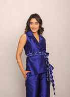 Blue Solid Relaxed Top with Waist Tie Up Belt and 2 Pockets - Kaoribyshreya