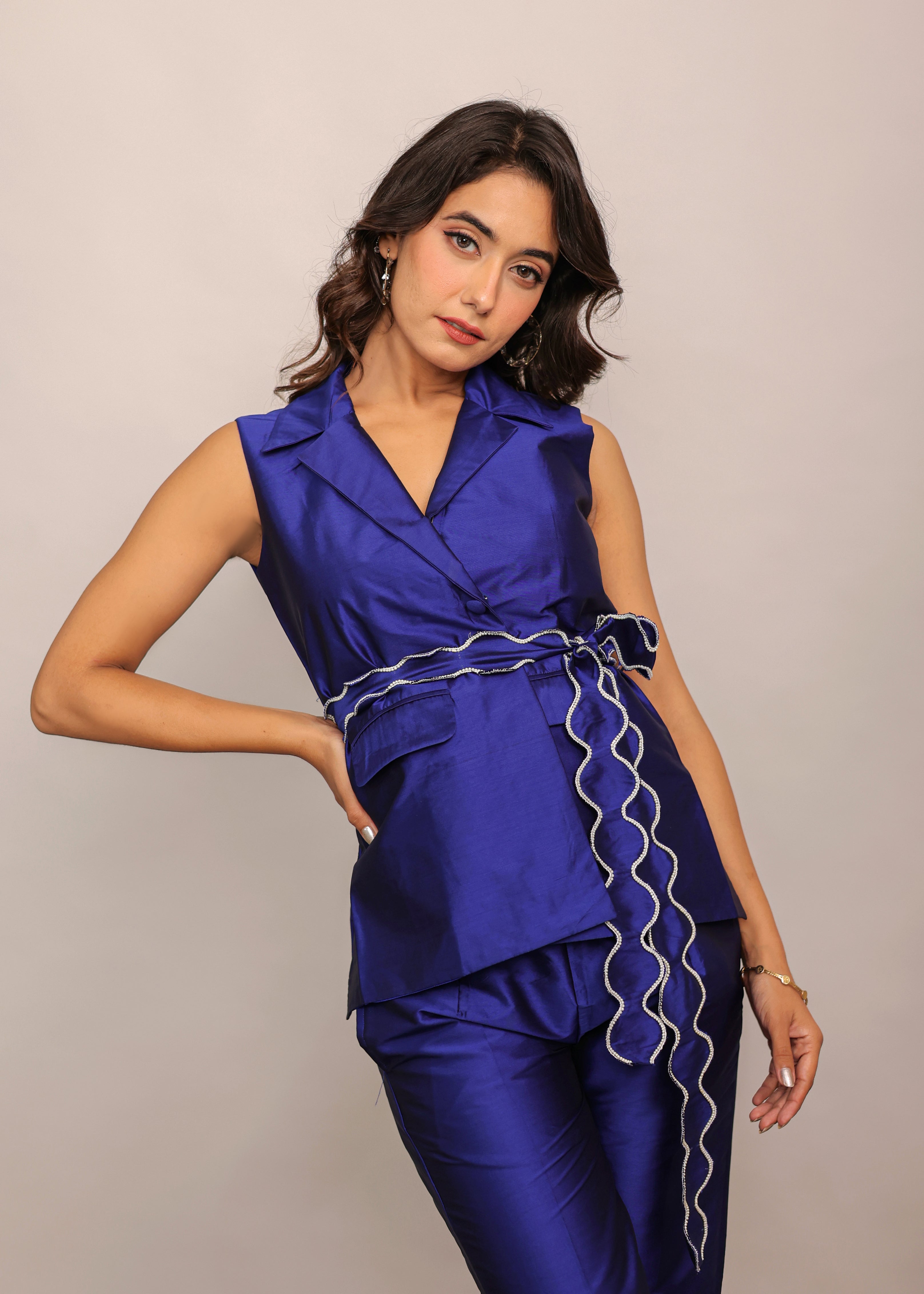 Blue Solid Relaxed Top with Waist Tie Up Belt and 2 Pockets - Kaoribyshreya
