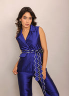 Blue Solid Relaxed Top with Waist Tie Up Belt and 2 Pockets - Kaoribyshreya