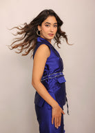 Blue Solid Relaxed Top with Waist Tie Up Belt and 2 Pockets - Kaoribyshreya