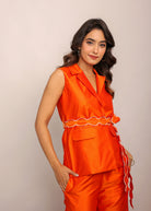 Orange Solid Relaxed Top with Waist Tie Up Belt and 2 Pockets - Kaoribyshreya