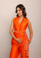 Orange Solid Relaxed Top with Waist Tie Up Belt and 2 Pockets - Kaoribyshreya