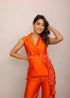 Orange Solid Relaxed Top with Waist Tie Up Belt and 2 Pockets - Kaoribyshreya